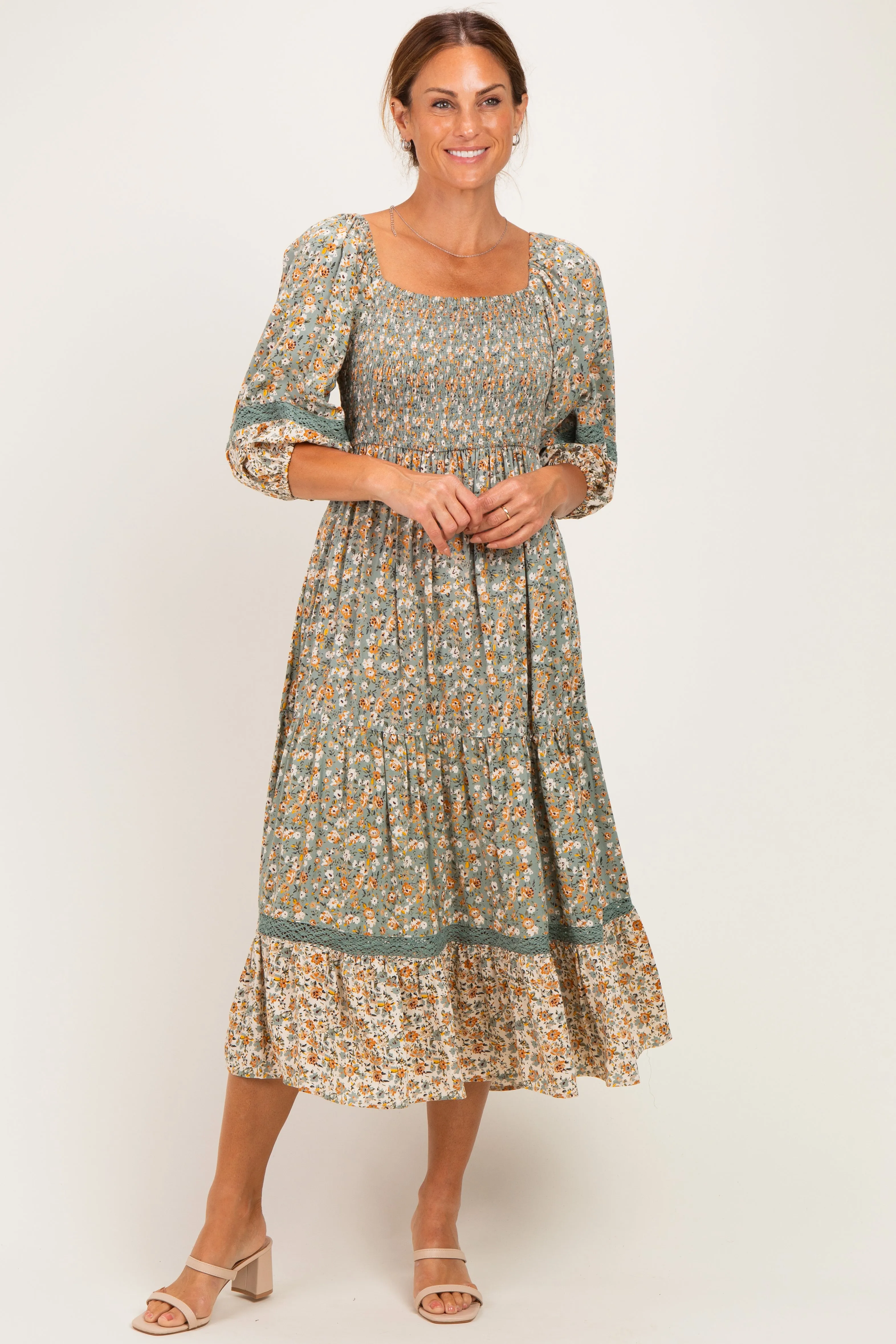 Sage Floral Lace Trim Smocked Midi Dress sold by Pinkblush