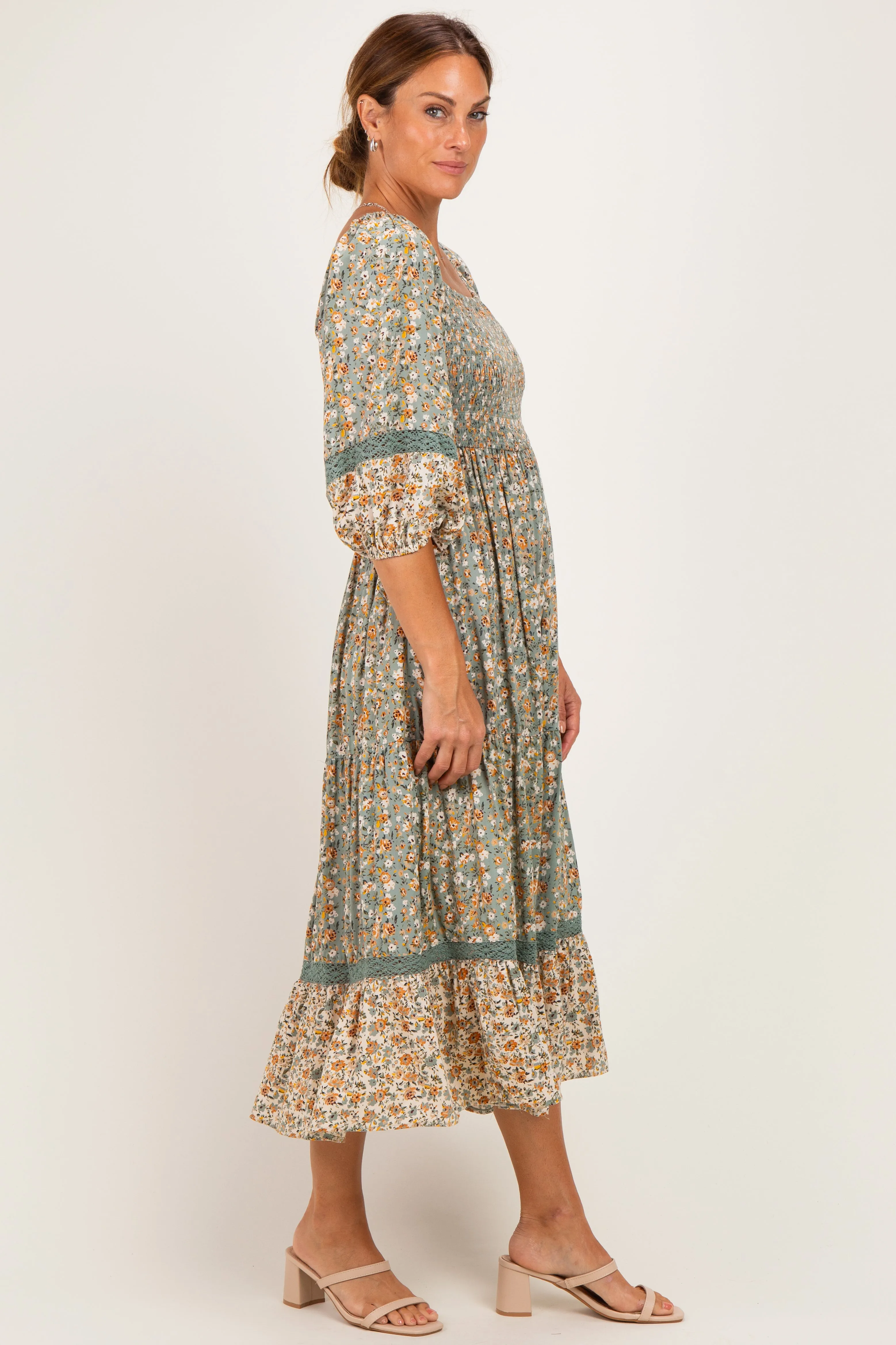 Sage Floral Lace Trim Smocked Midi Dress sold by Pinkblush product image thumbnail 2