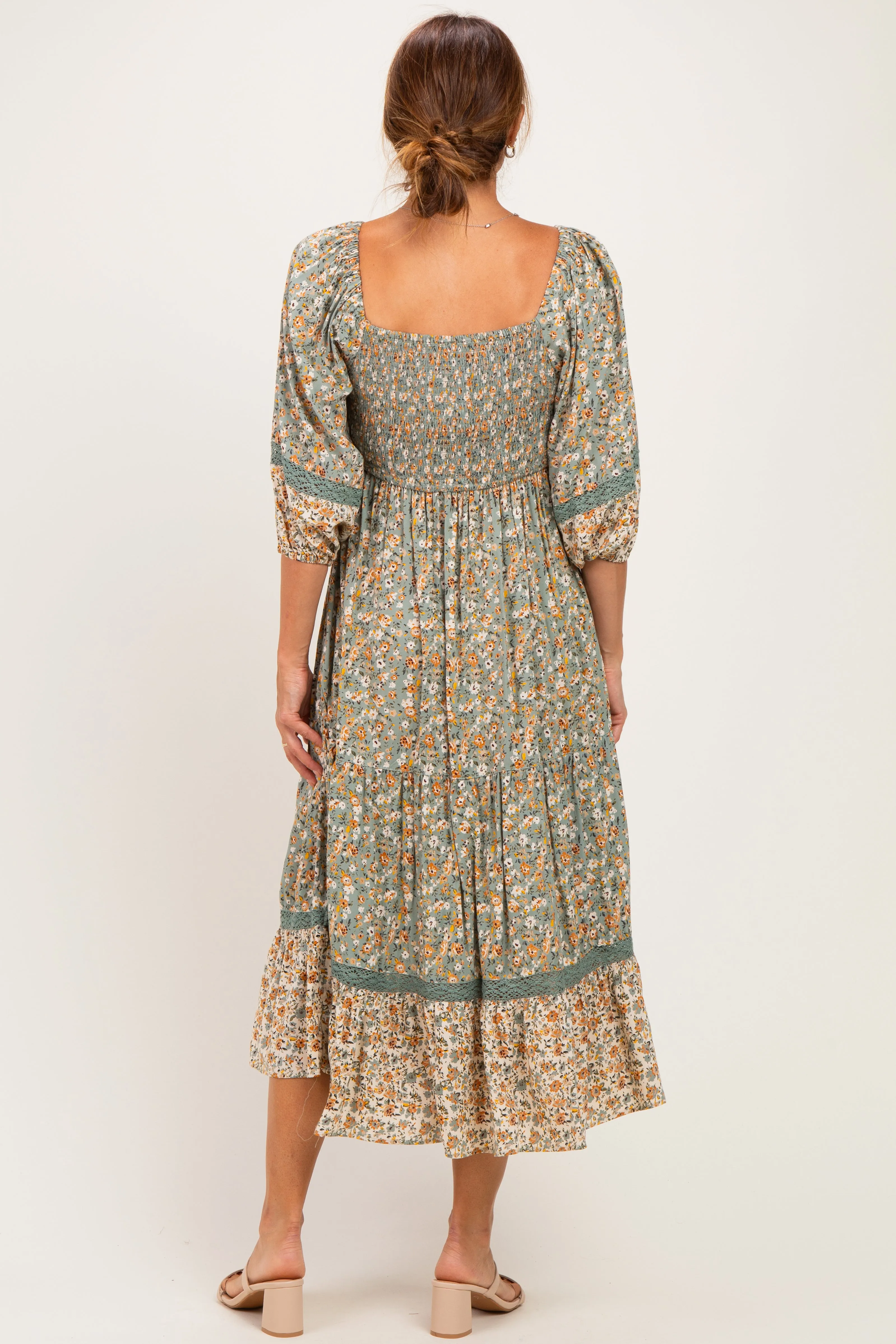 Sage Floral Lace Trim Smocked Midi Dress sold by Pinkblush product image thumbnail 3
