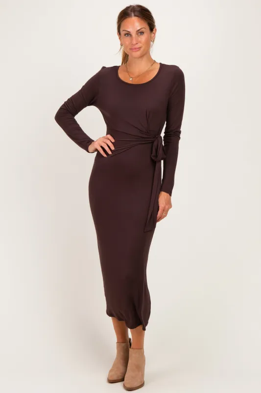 Brown Long Sleeve Knotted Waist Maxi Dress made by Pinkblush