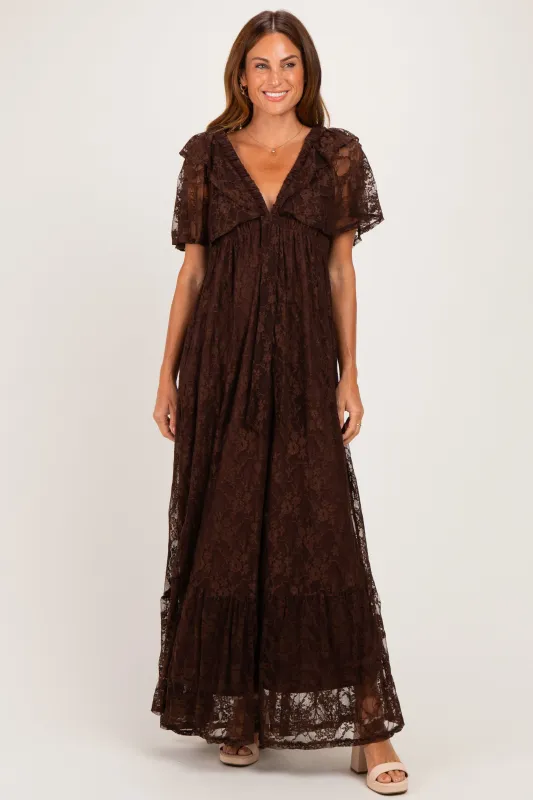 Brown Lace Flutter Sleeve Tiered Maxi Dress made by Pinkblush