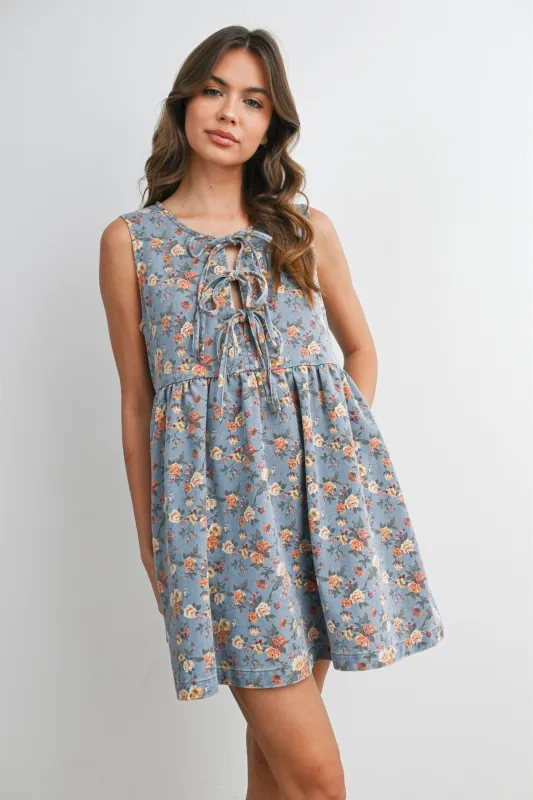 Light Denim Floral Tie Front Mini Dress made by Pinkblush