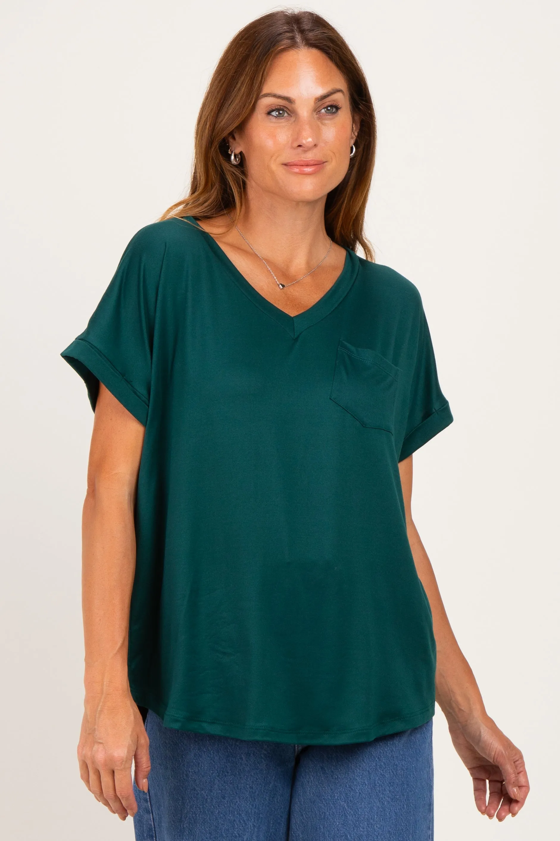 Forest Green V-Neck Pocket Short Sleeve Shirt sold by Pinkblush