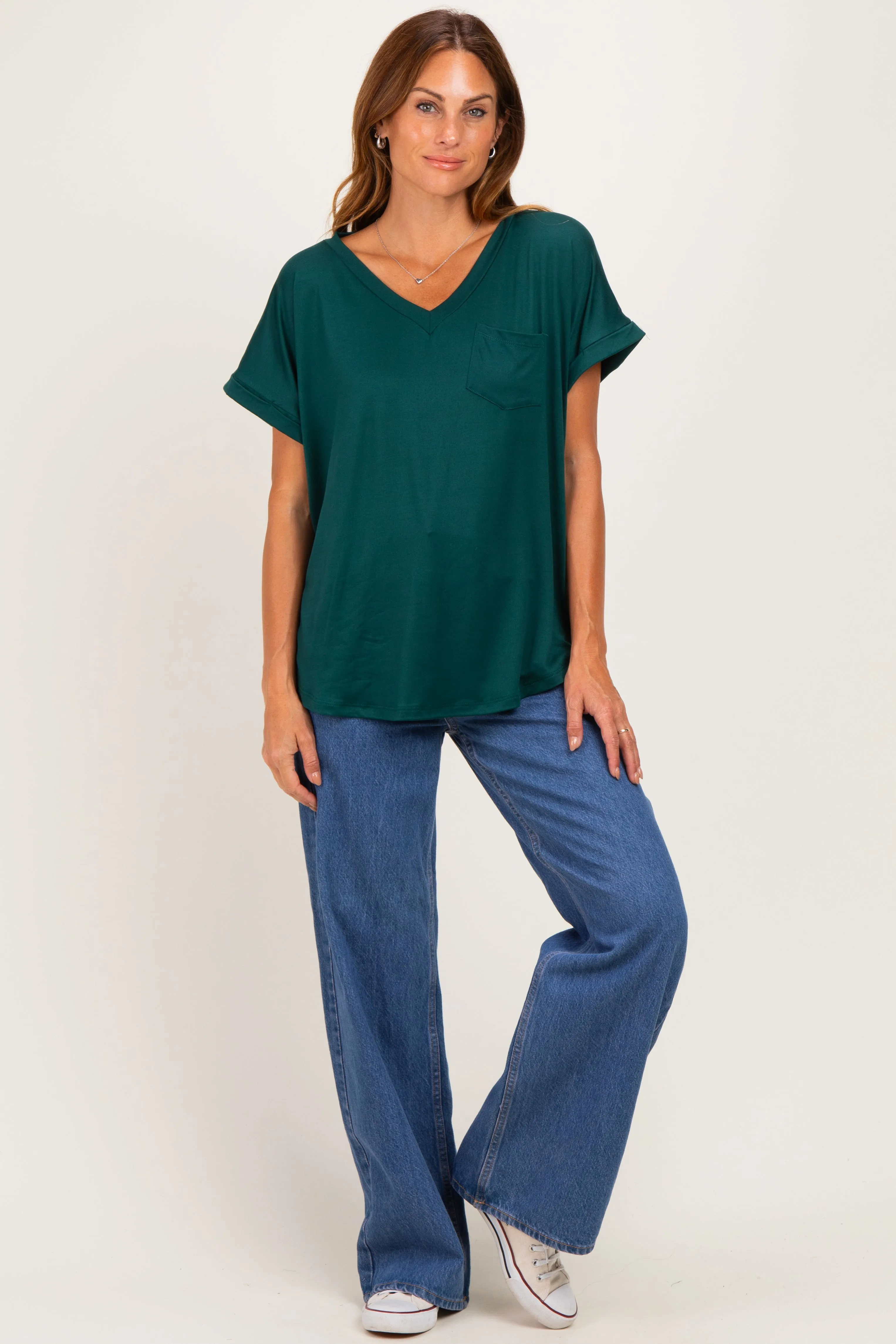 Forest Green V-Neck Pocket Short Sleeve Shirt sold by Pinkblush product image thumbnail 2