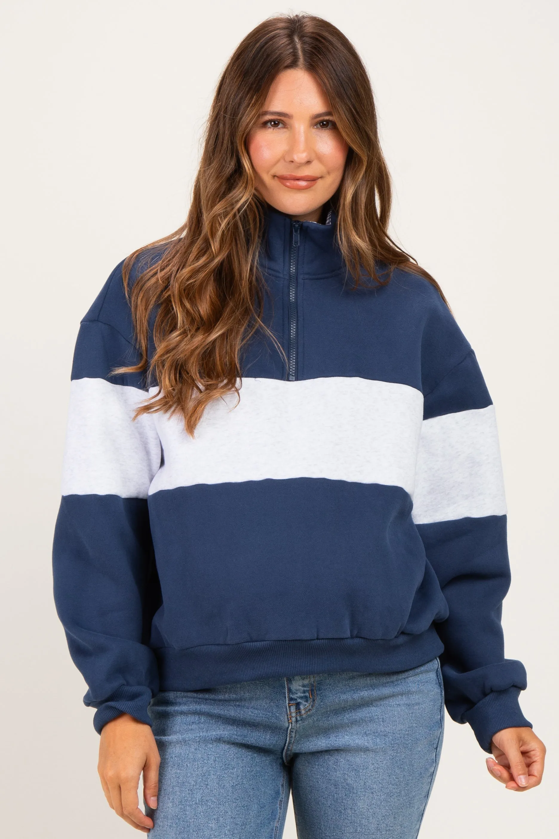 Navy Colorblock Quarter Zip Maternity Sweatshirt sold by Pinkblush