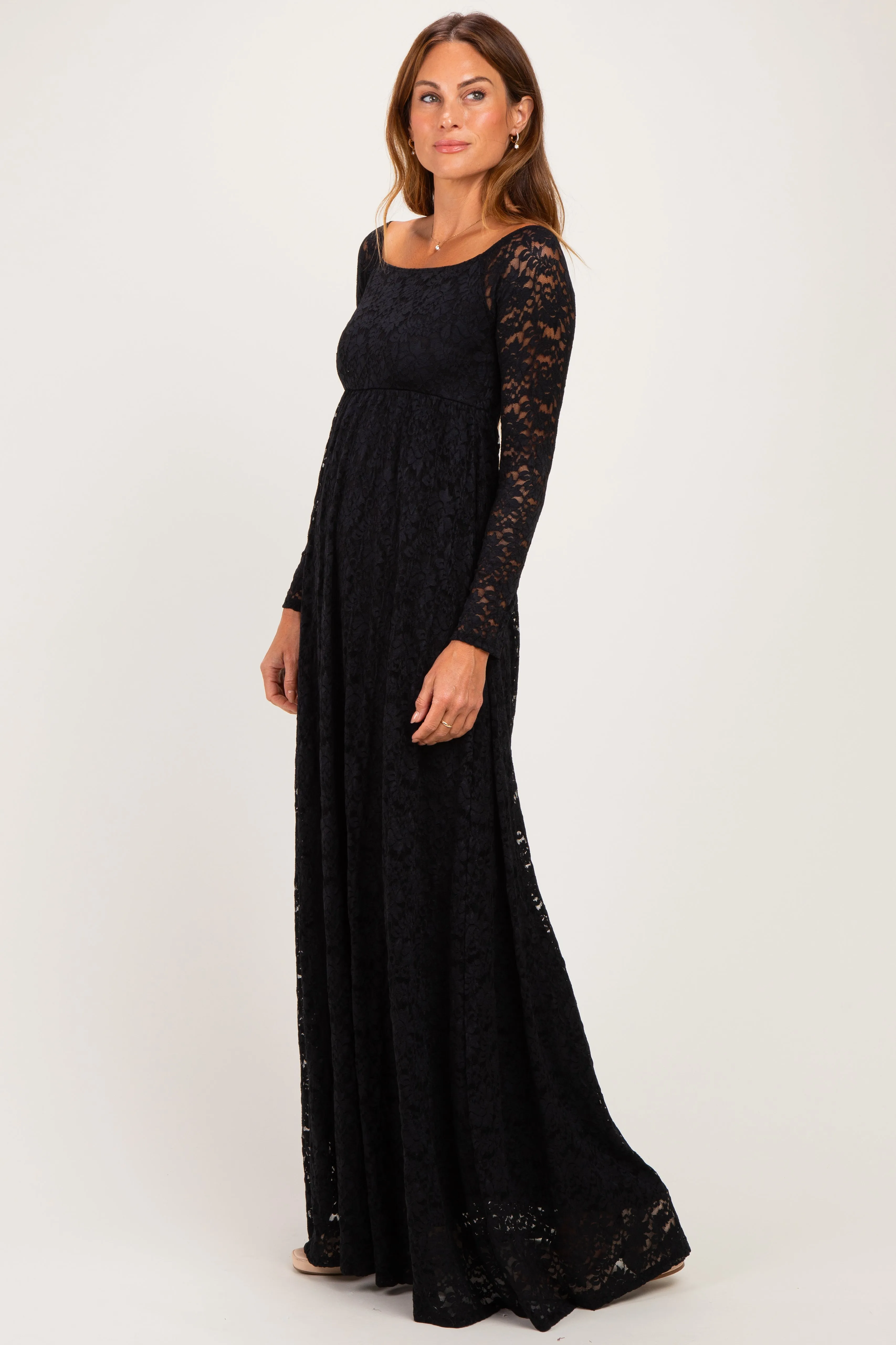 Black Floral Lace Long Sleeve Off Shoulder Maxi Dress sold by Pinkblush product image thumbnail 3