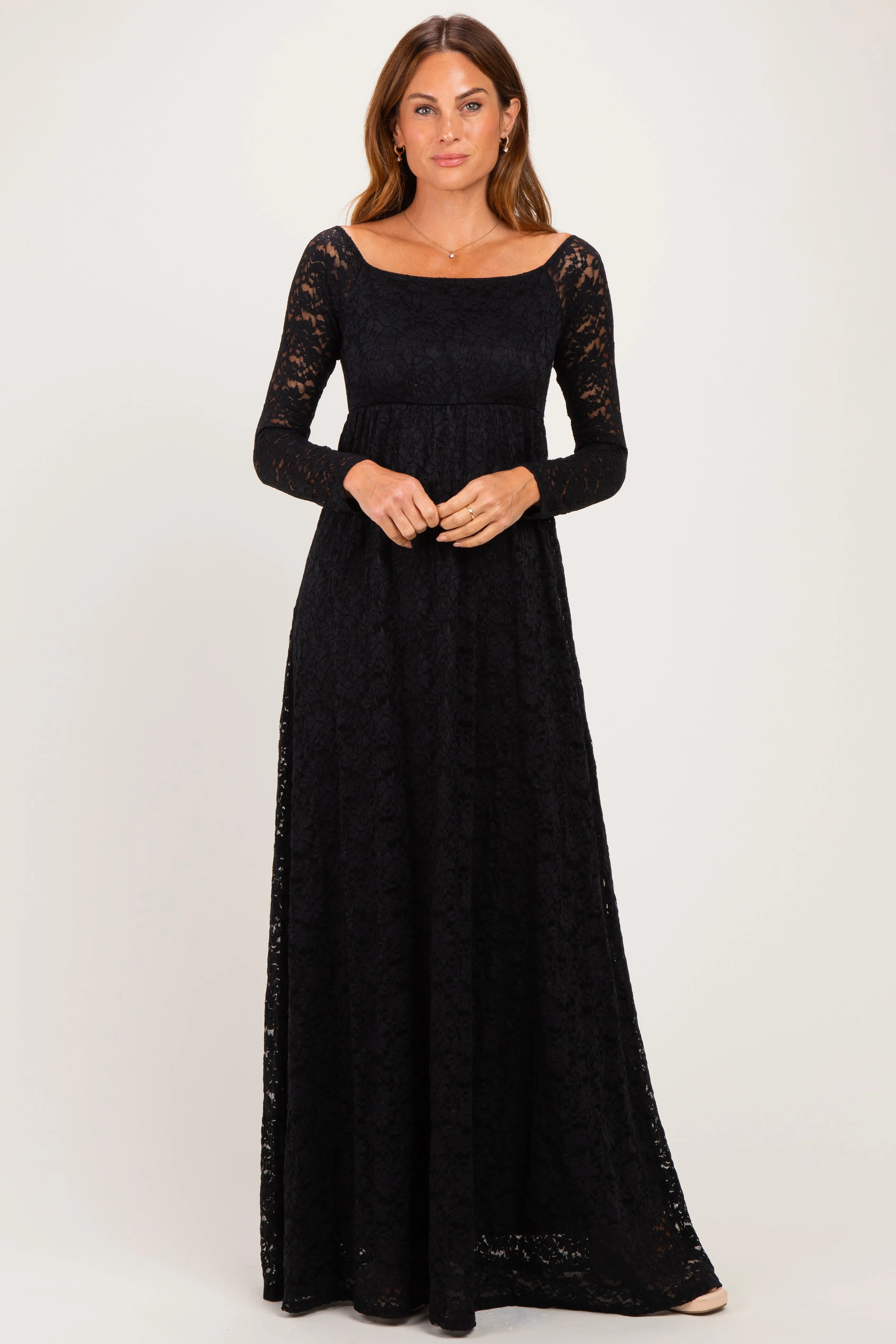 Black Floral Lace Long Sleeve Off Shoulder Maxi Dress sold by Pinkblush