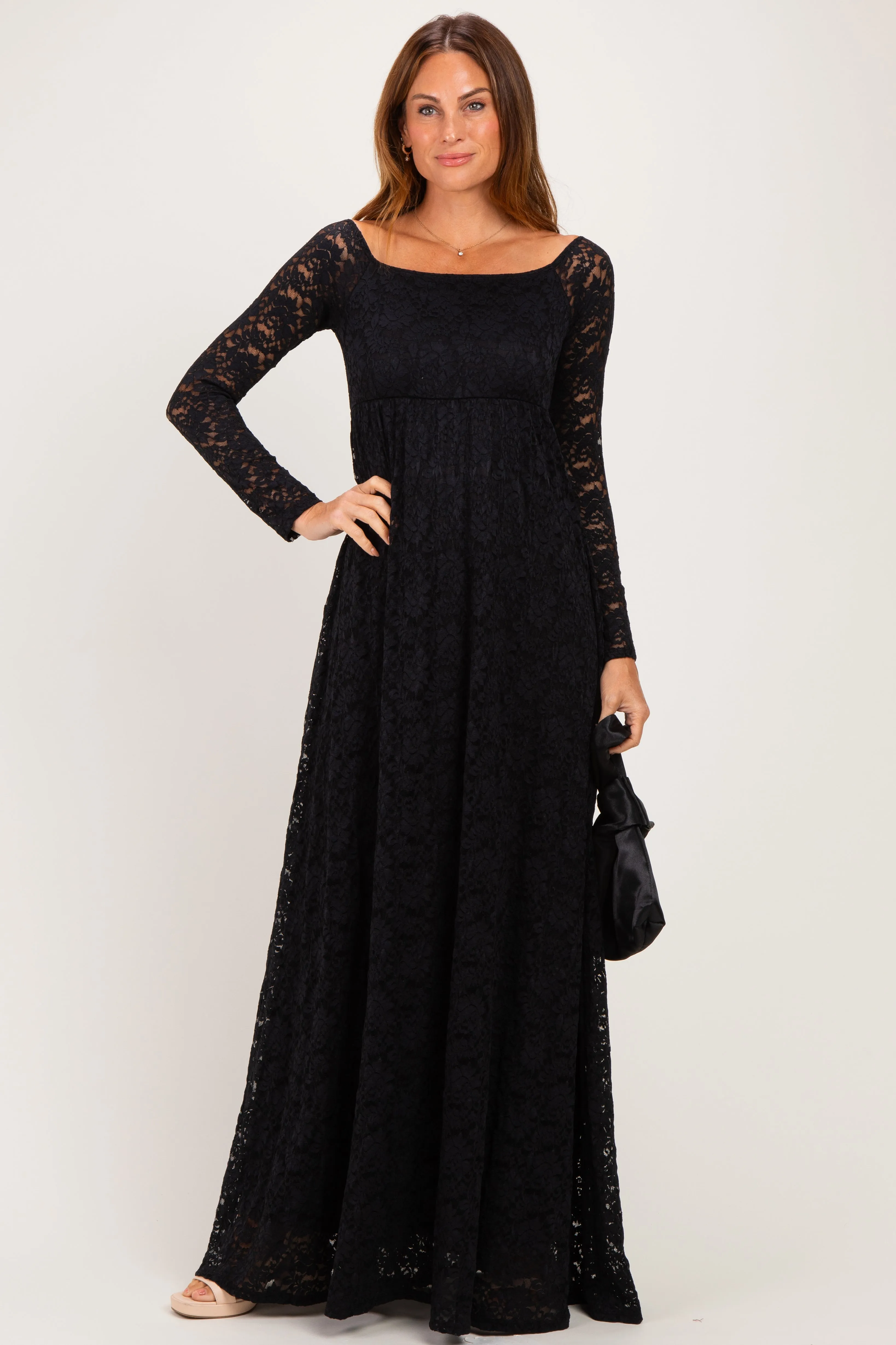 Black Floral Lace Long Sleeve Off Shoulder Maxi Dress sold by Pinkblush product image thumbnail 2