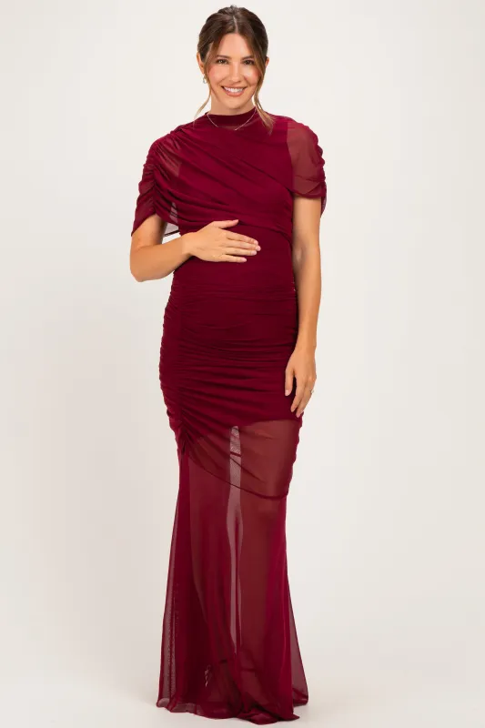 Burgundy Draped Bodice Ruched Mesh Maternity Maxi Dress made by Fore Collection