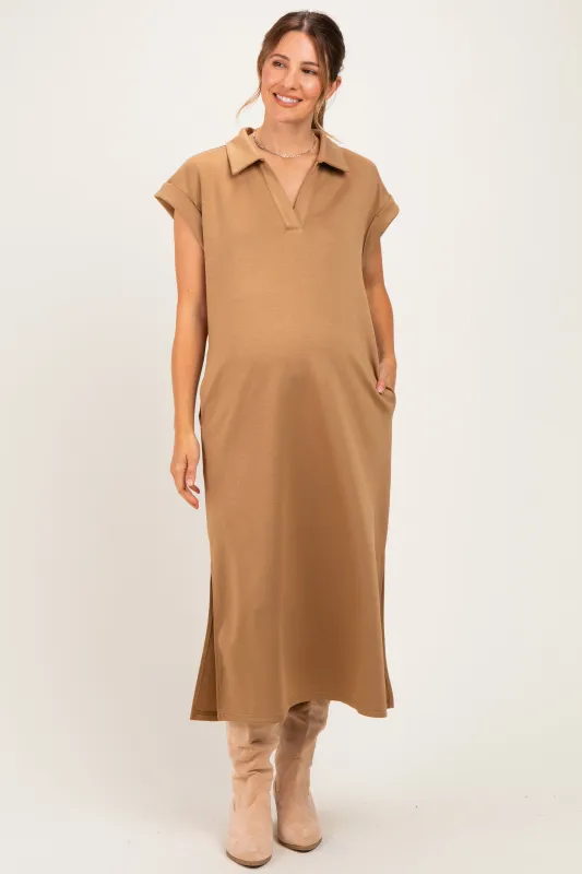 Camel Collared Oversized Maternity Midi Dress made by JODIFL