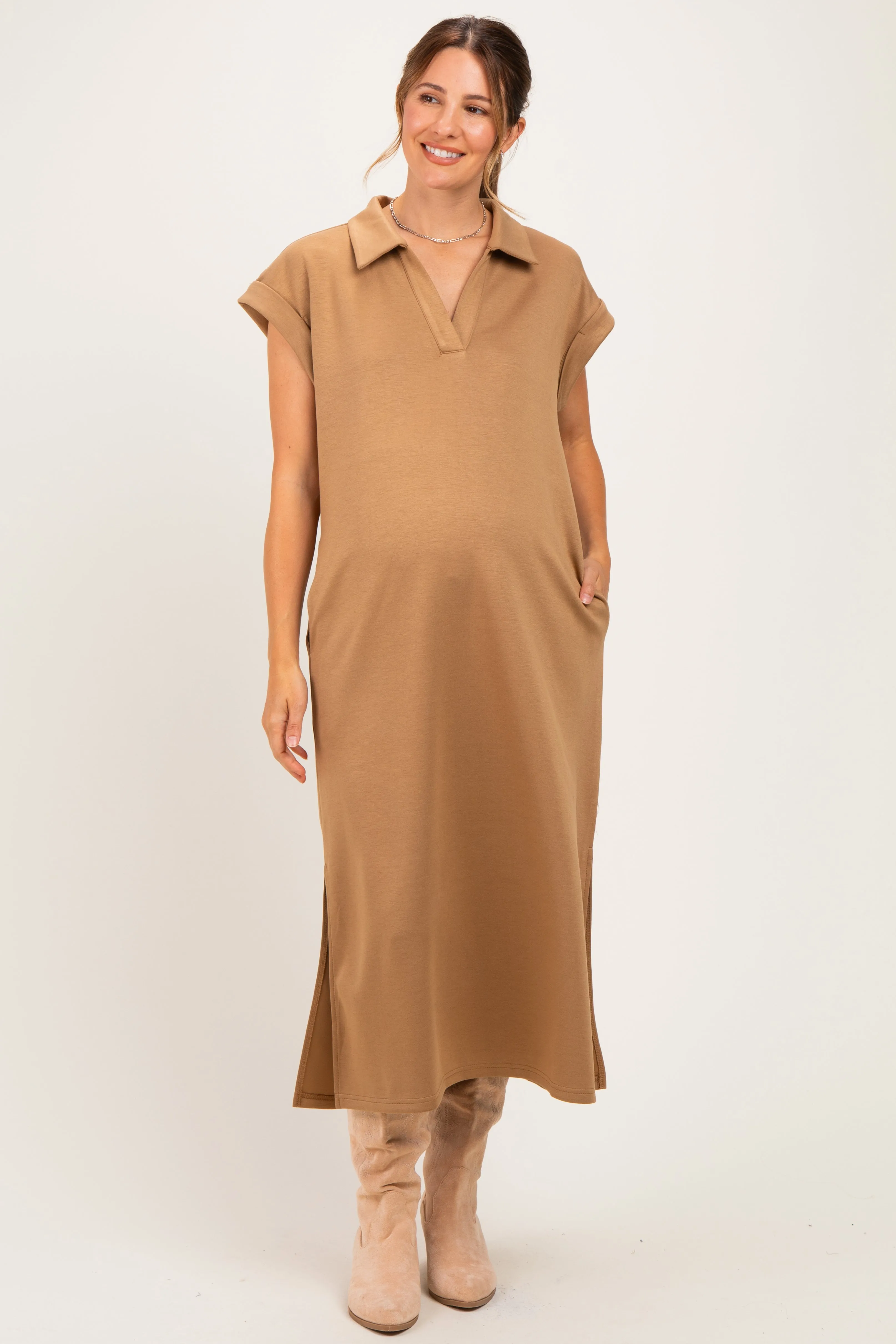 Camel Collared Oversized Maternity Midi Dress sold by Pinkblush