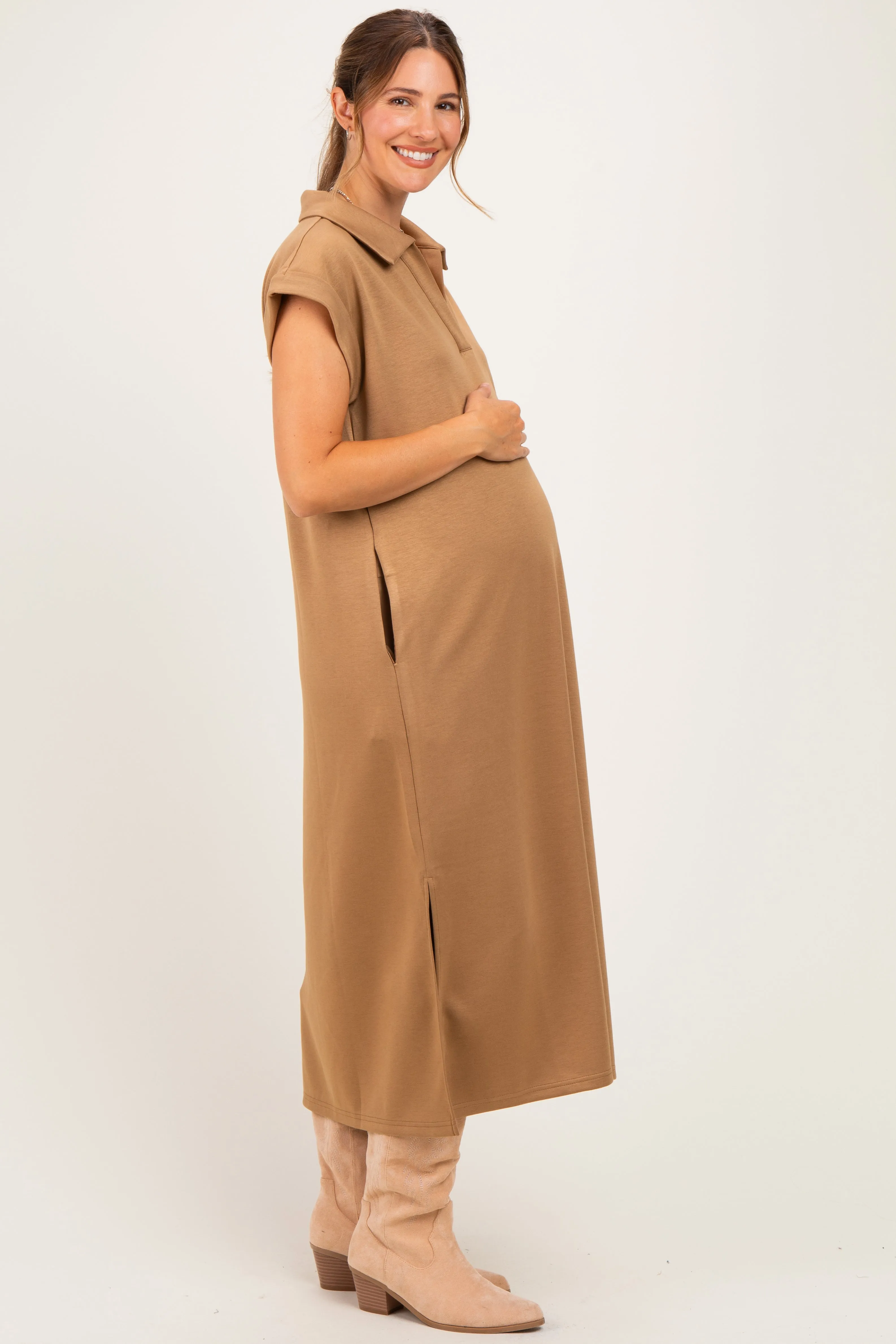 Camel Collared Oversized Maternity Midi Dress sold by Pinkblush product image thumbnail 2