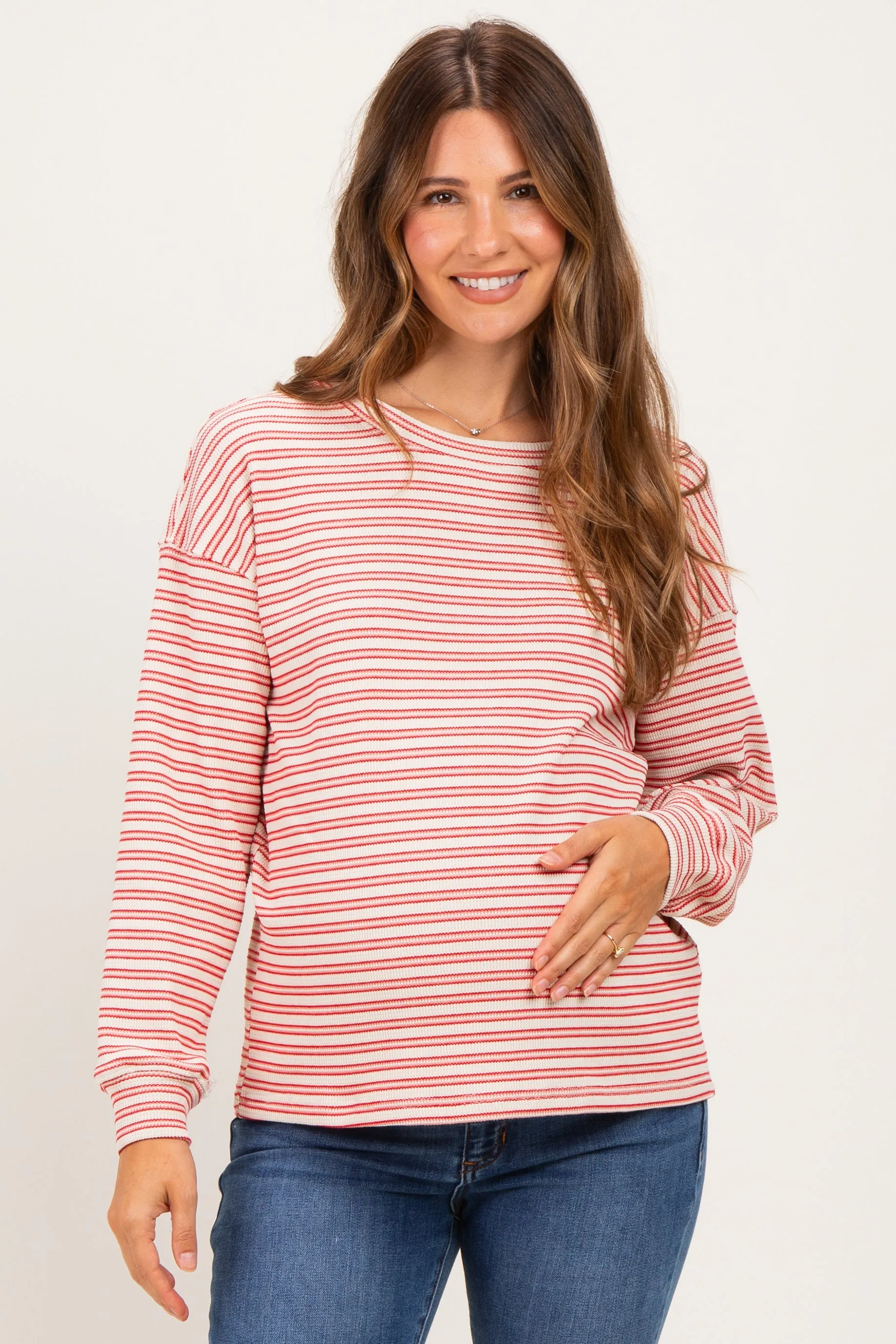 Red Striped Maternity Long Sleeve Top sold by Pinkblush