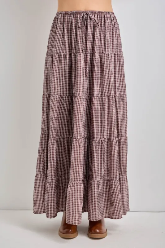 Brown Plaid Drawstring Tiered Midi Skirt made by BaeVely