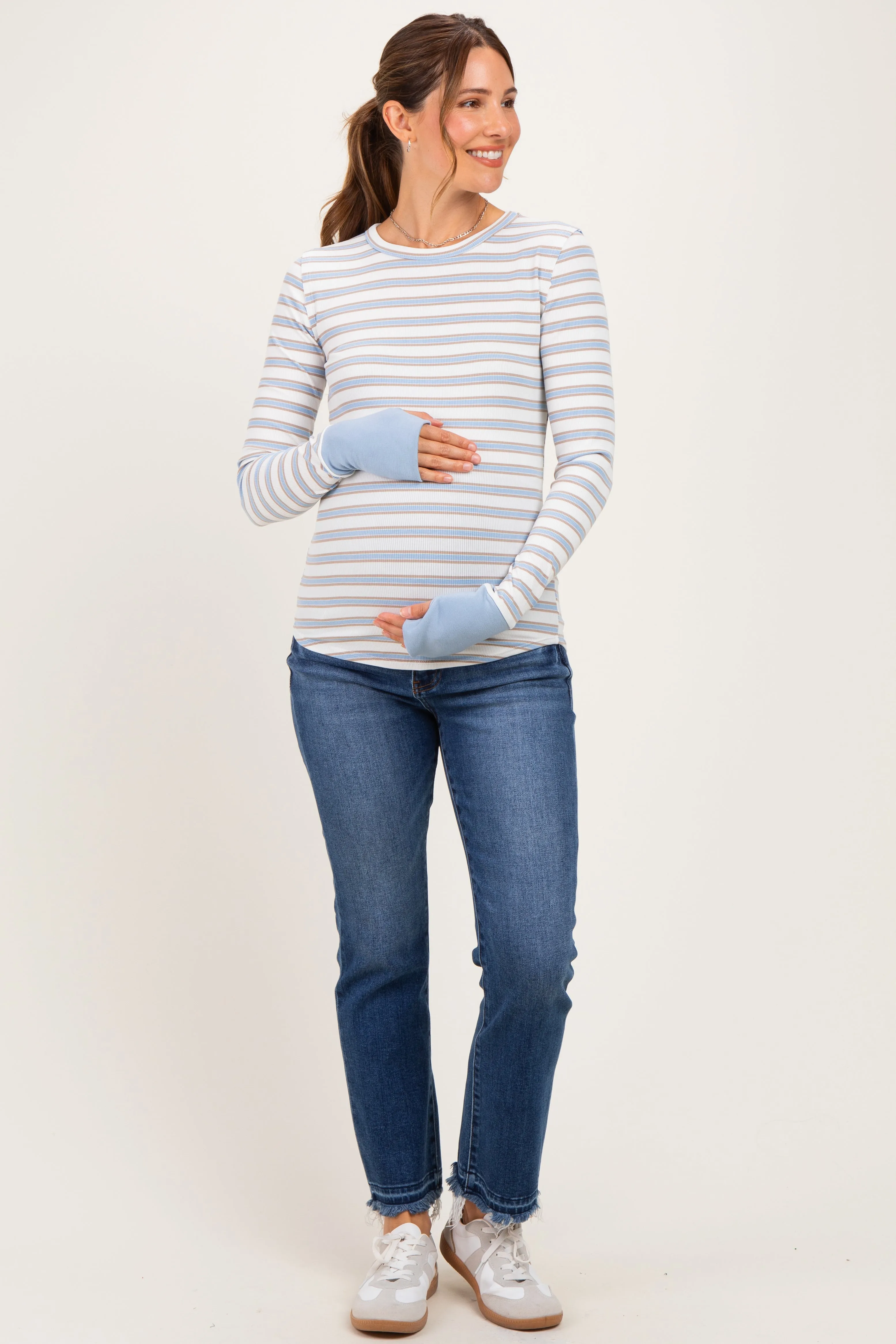 Blue Striped Rib Long Sleeve Fitted Maternity Top sold by Pinkblush product image thumbnail 2