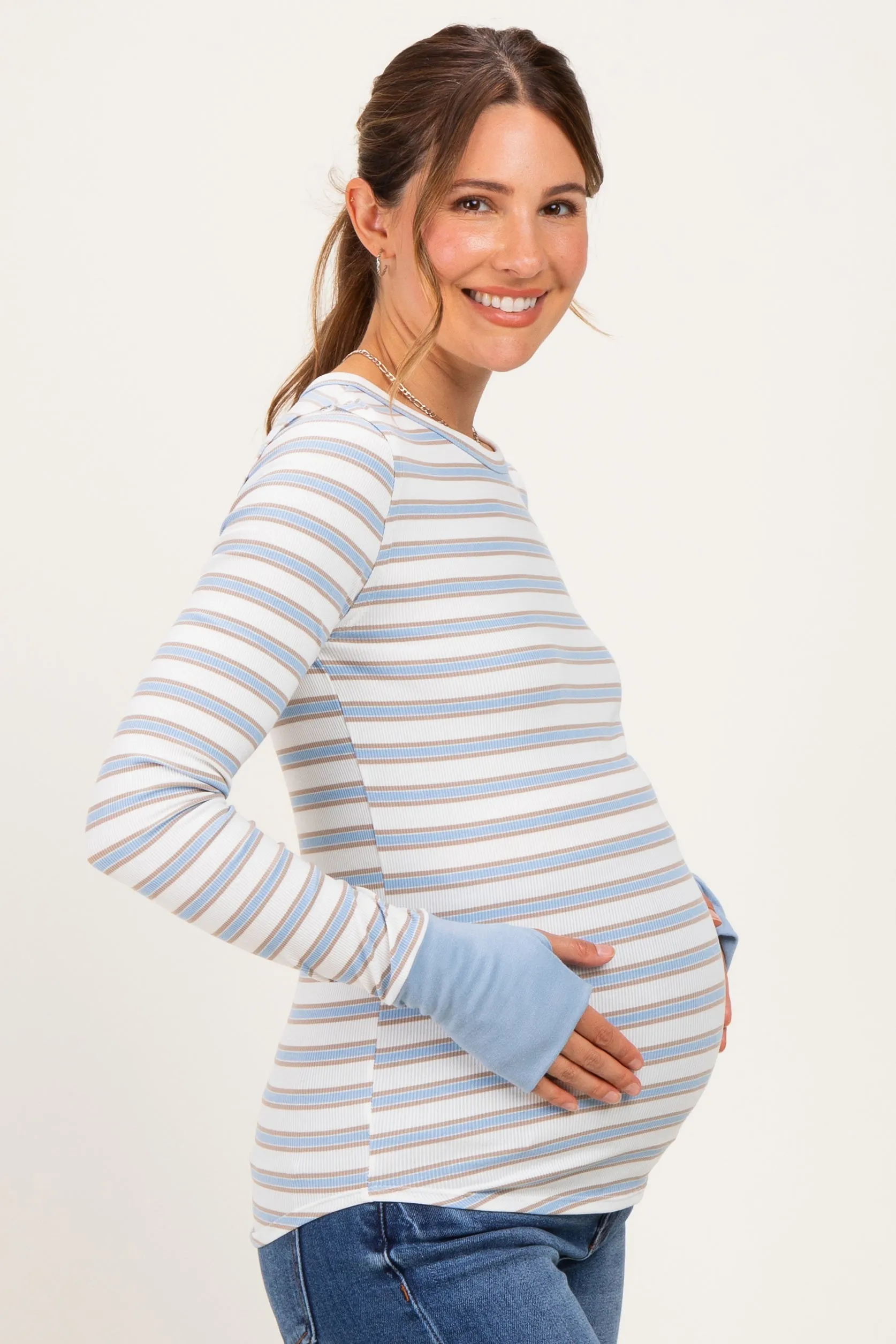 Blue Striped Rib Long Sleeve Fitted Maternity Top sold by Pinkblush product image thumbnail 3
