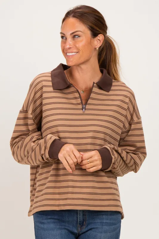 Khaki Striped Long Sleeve Polo Shirt made by Pinkblush