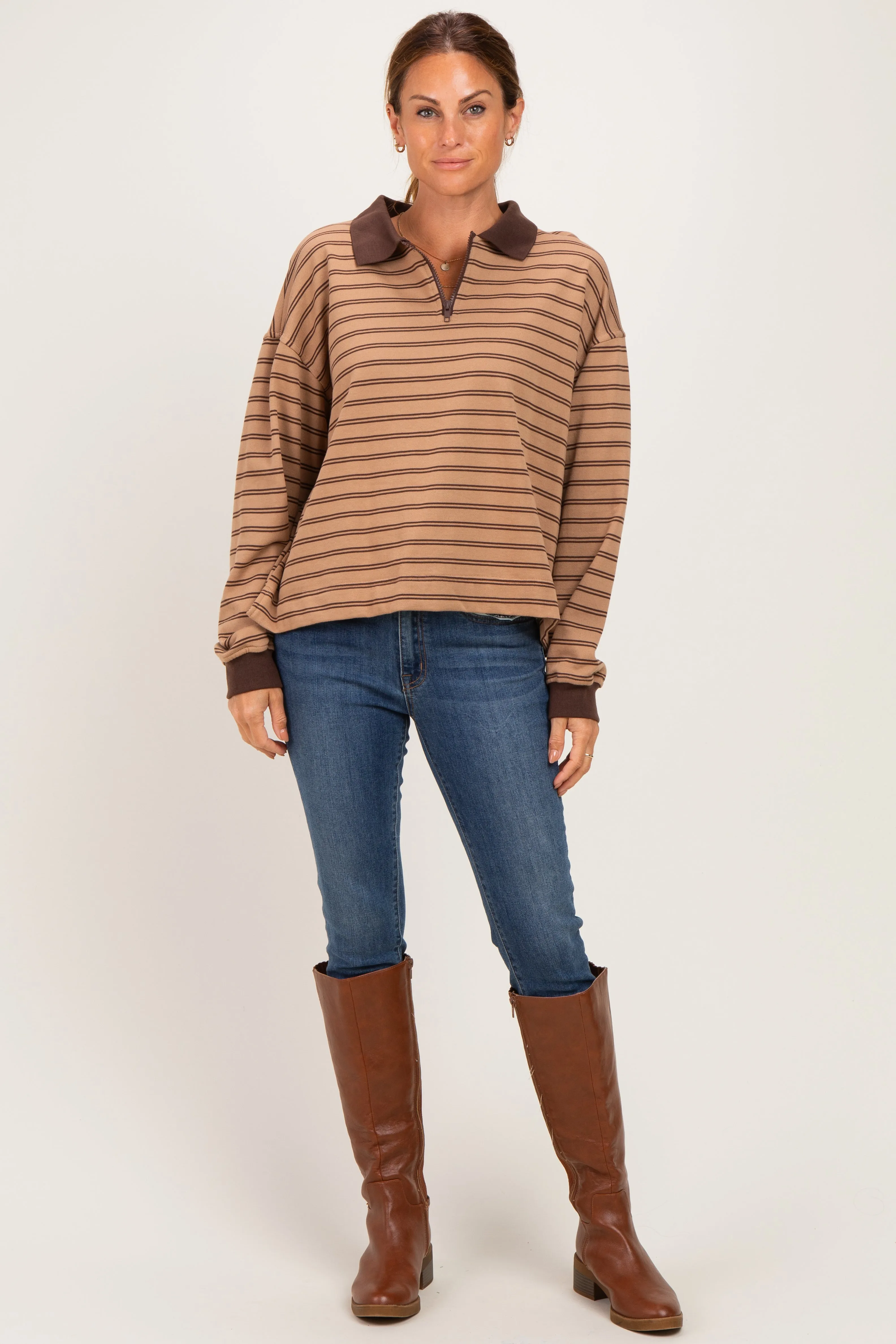 Khaki Striped Long Sleeve Polo Shirt sold by Pinkblush product image thumbnail 2