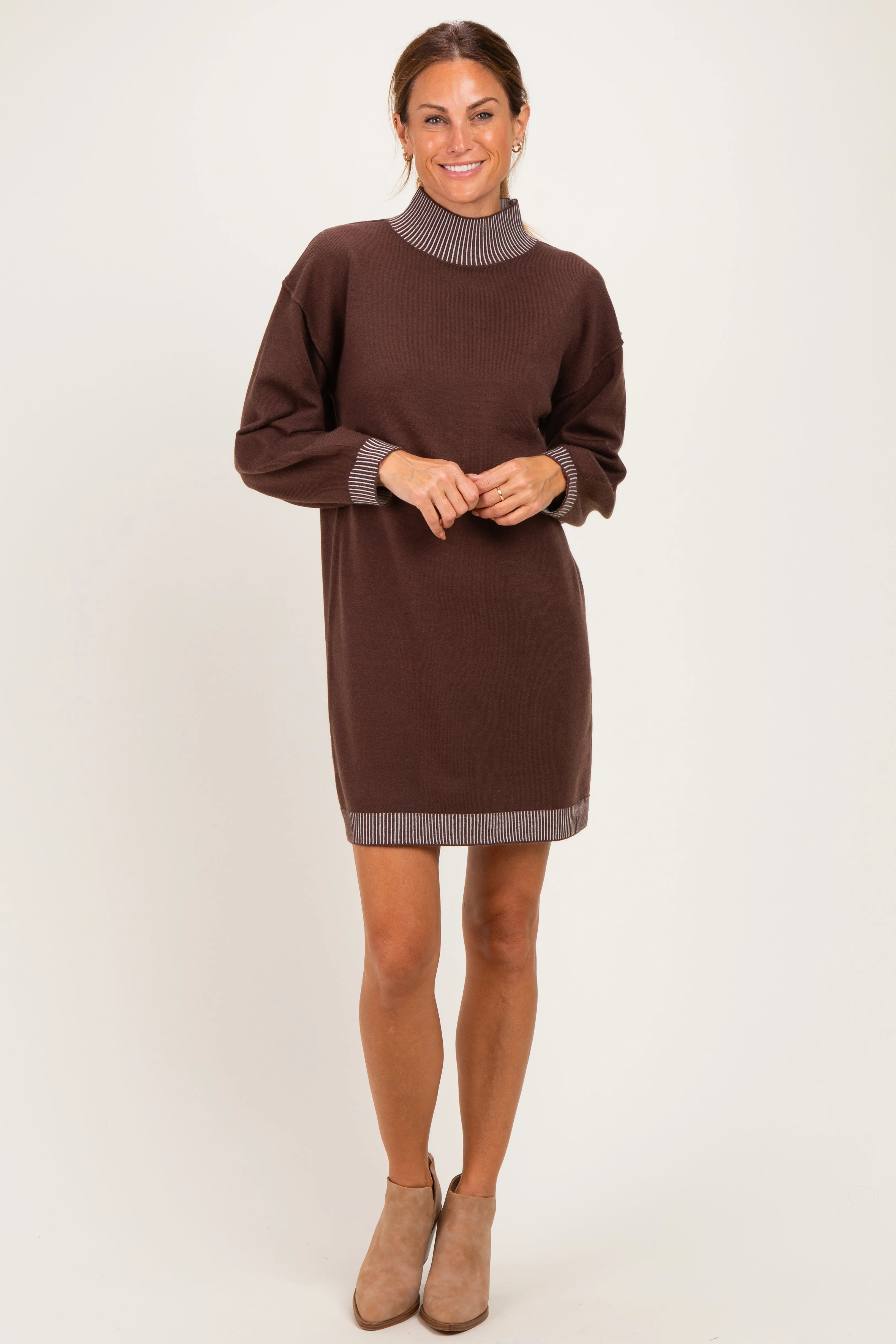 Brown Contrast Mock Neck Sweater Dress sold by Pinkblush product image thumbnail 2