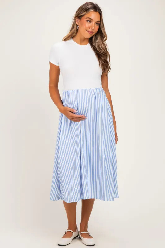 Ivory Blue Colorblock Striped Skirt Maternity Dress made by Pinkblush