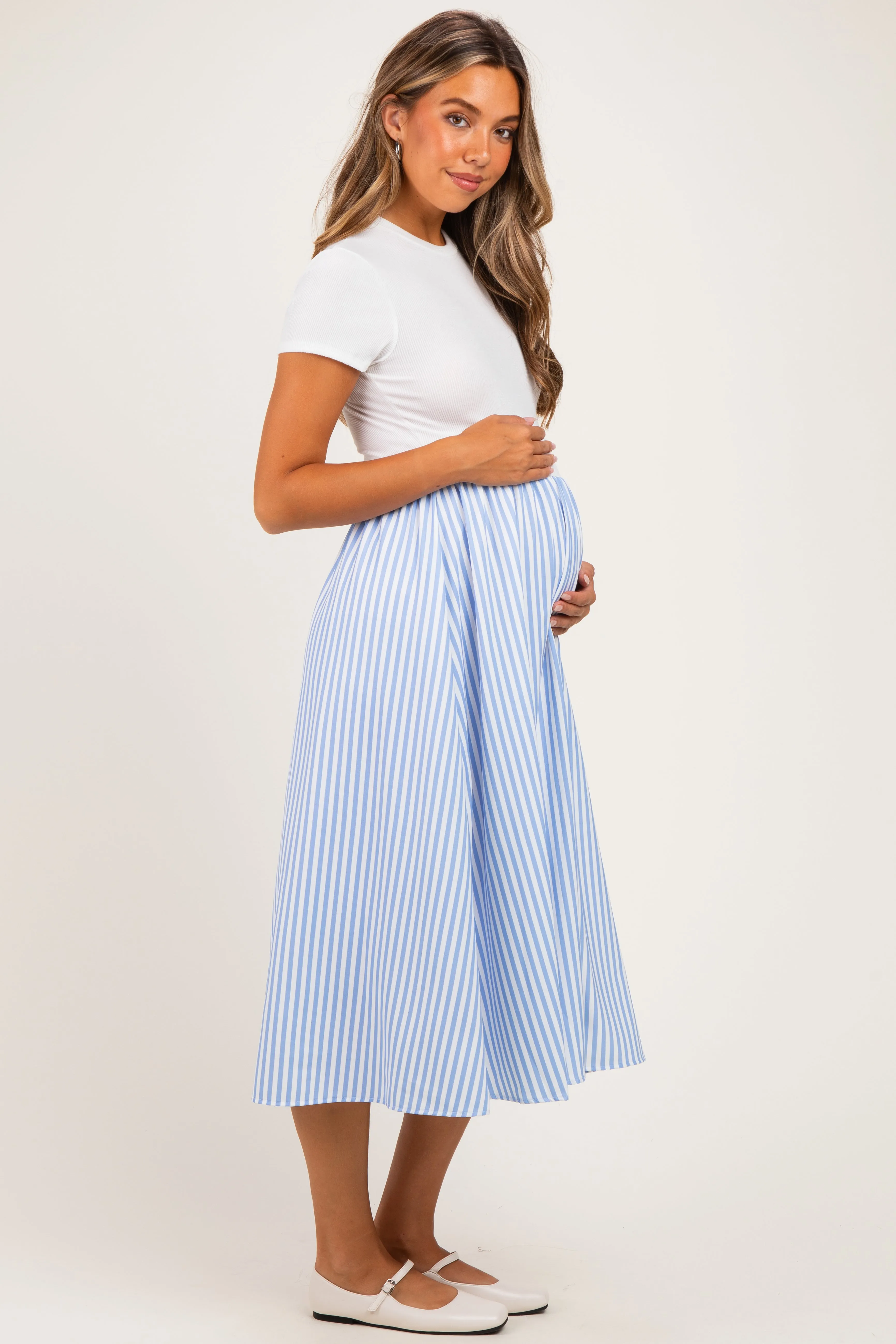 Ivory Blue Colorblock Striped Skirt Maternity Dress sold by Pinkblush product image thumbnail 2