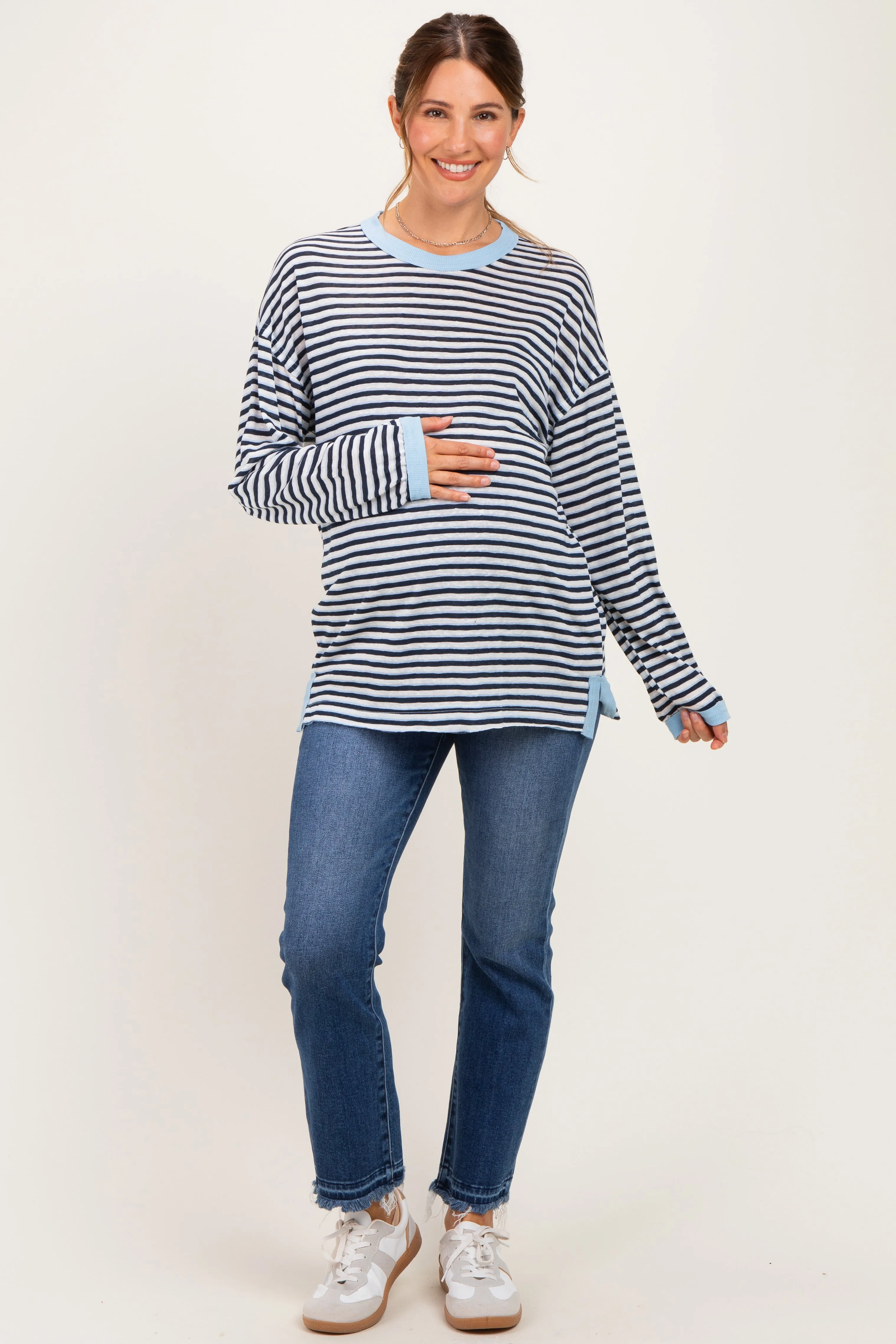 Navy Striped Slub Jersey Oversized Maternity Long Sleeve sold by Pinkblush product image thumbnail 2
