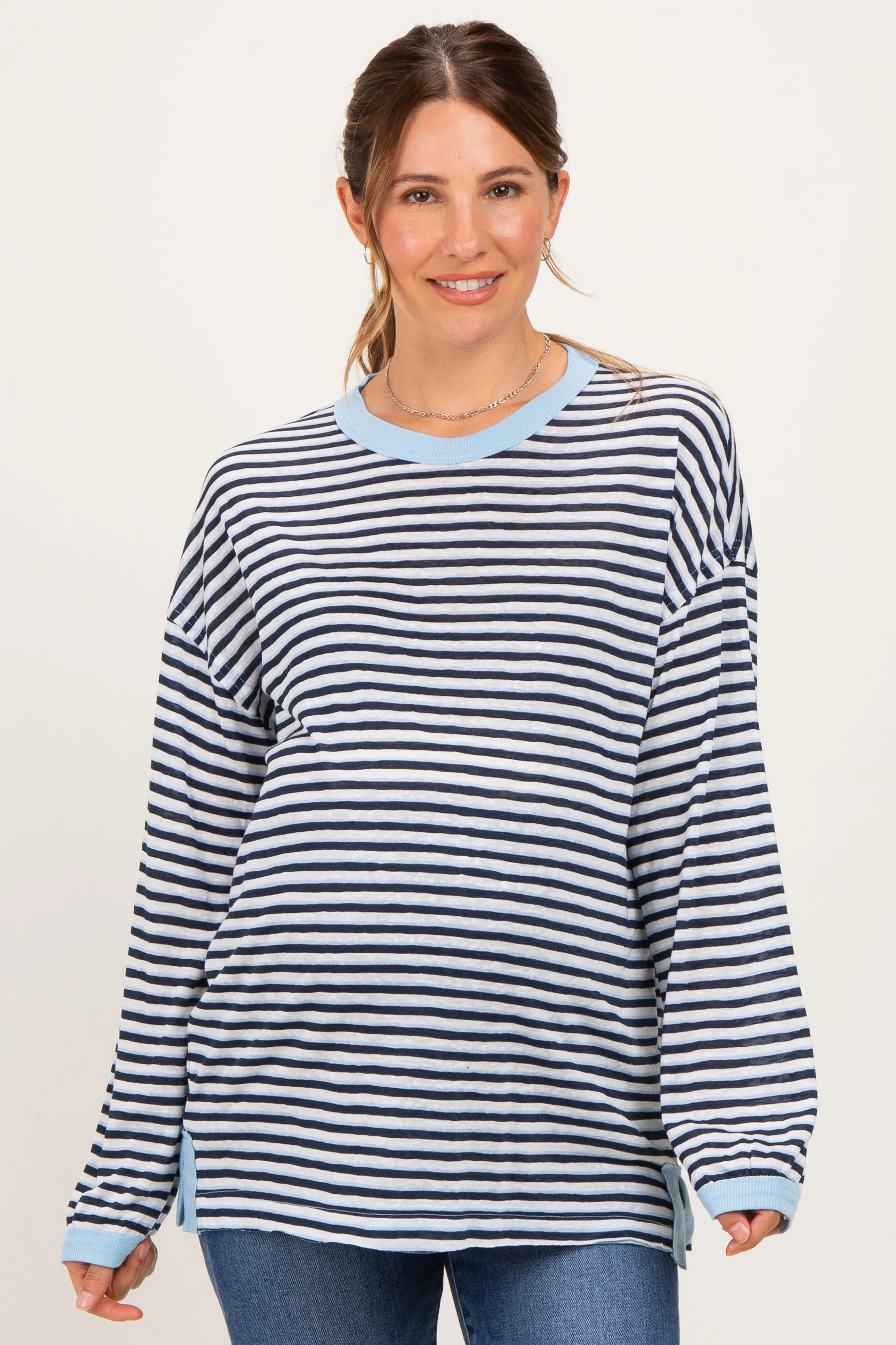 Navy Striped Slub Jersey Oversized Maternity Long Sleeve sold by Pinkblush