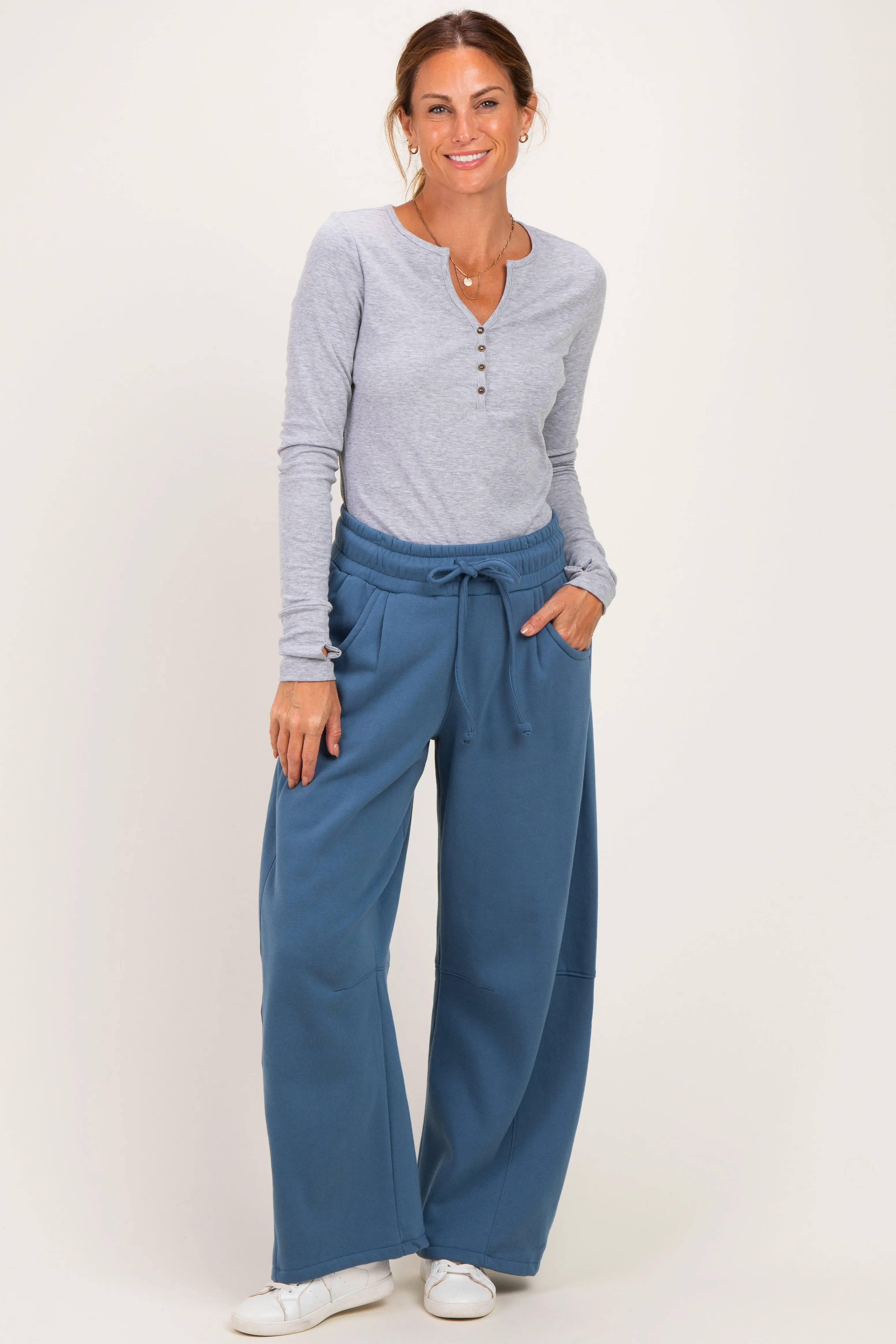 Dusty Blue Fleece Barrel Leg Sweatpants sold by Pinkblush