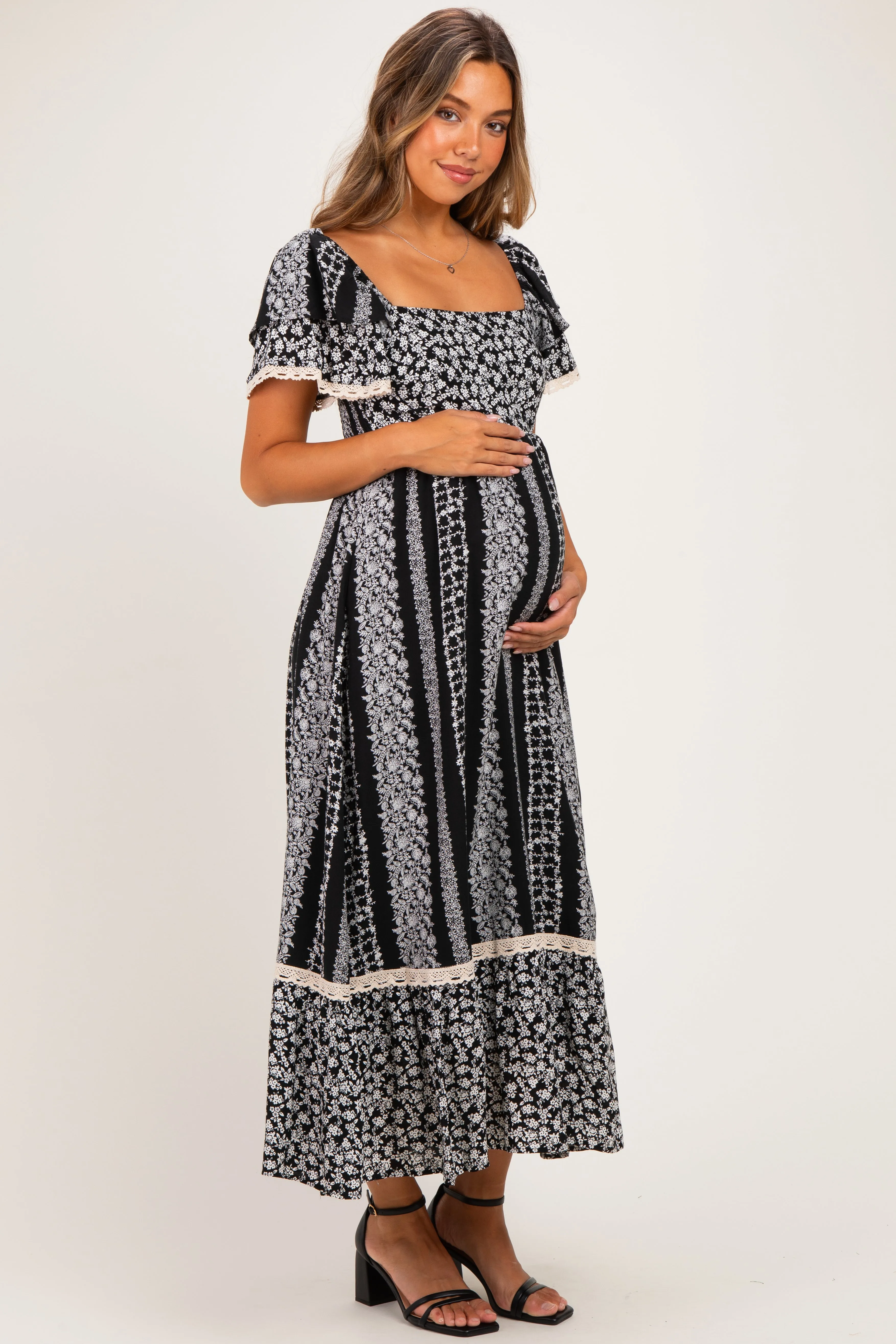Black Floral Border Print Flutter Sleeve Maternity Maxi Dress sold by Pinkblush product image thumbnail 2