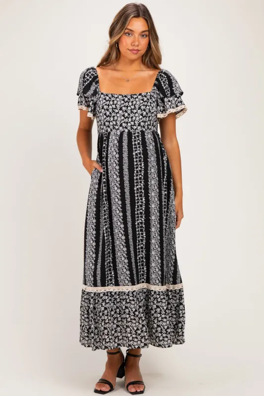 Black Floral Border Print Flutter Sleeve Maternity Maxi Dress made by Listicle
