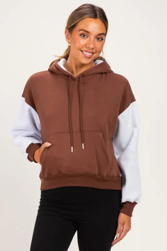 Brown Colorblock Maternity Pullover Hoodie made by Pinkblush