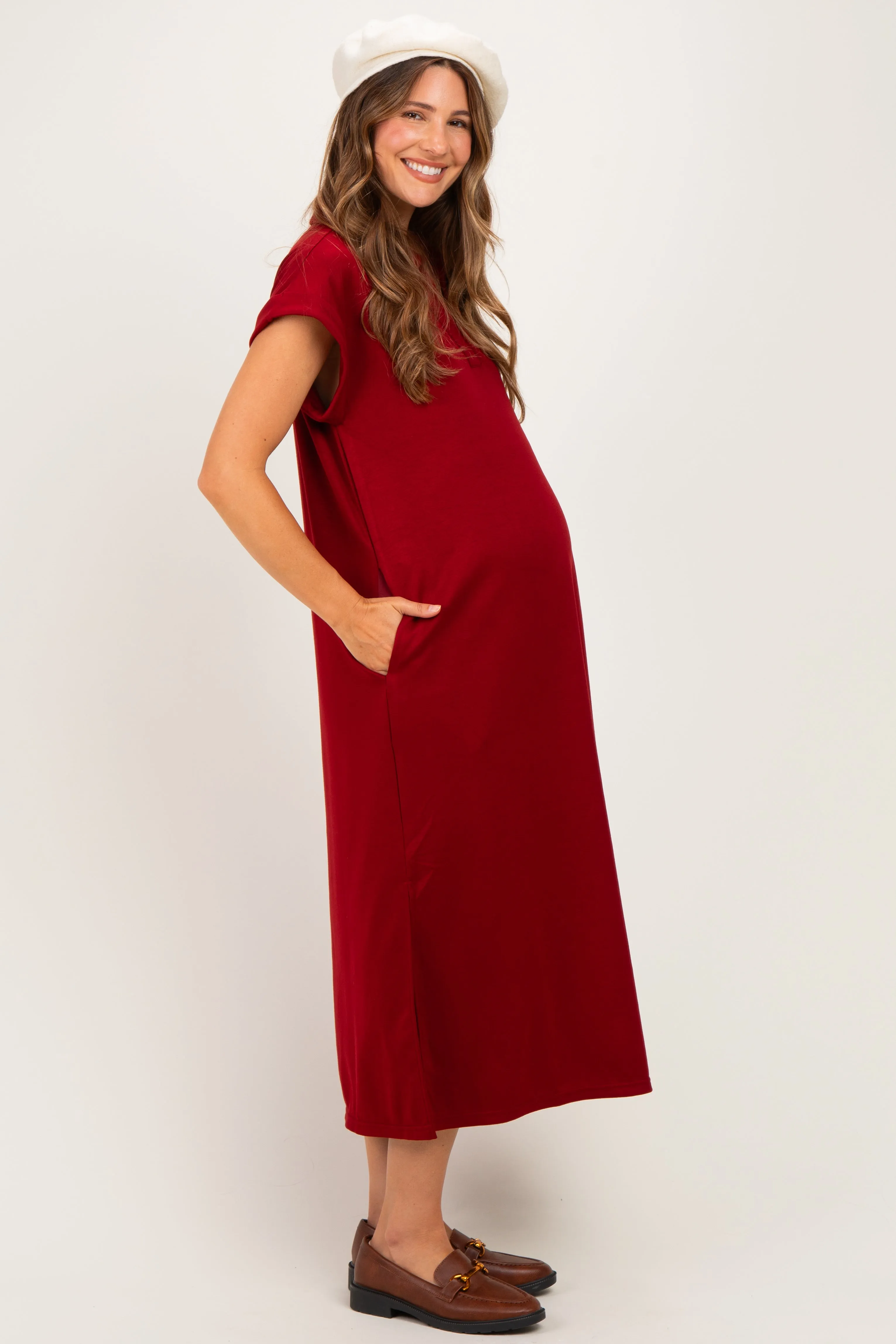 Burgundy Collared Oversized Maternity Midi Dress sold by Pinkblush product image thumbnail 2