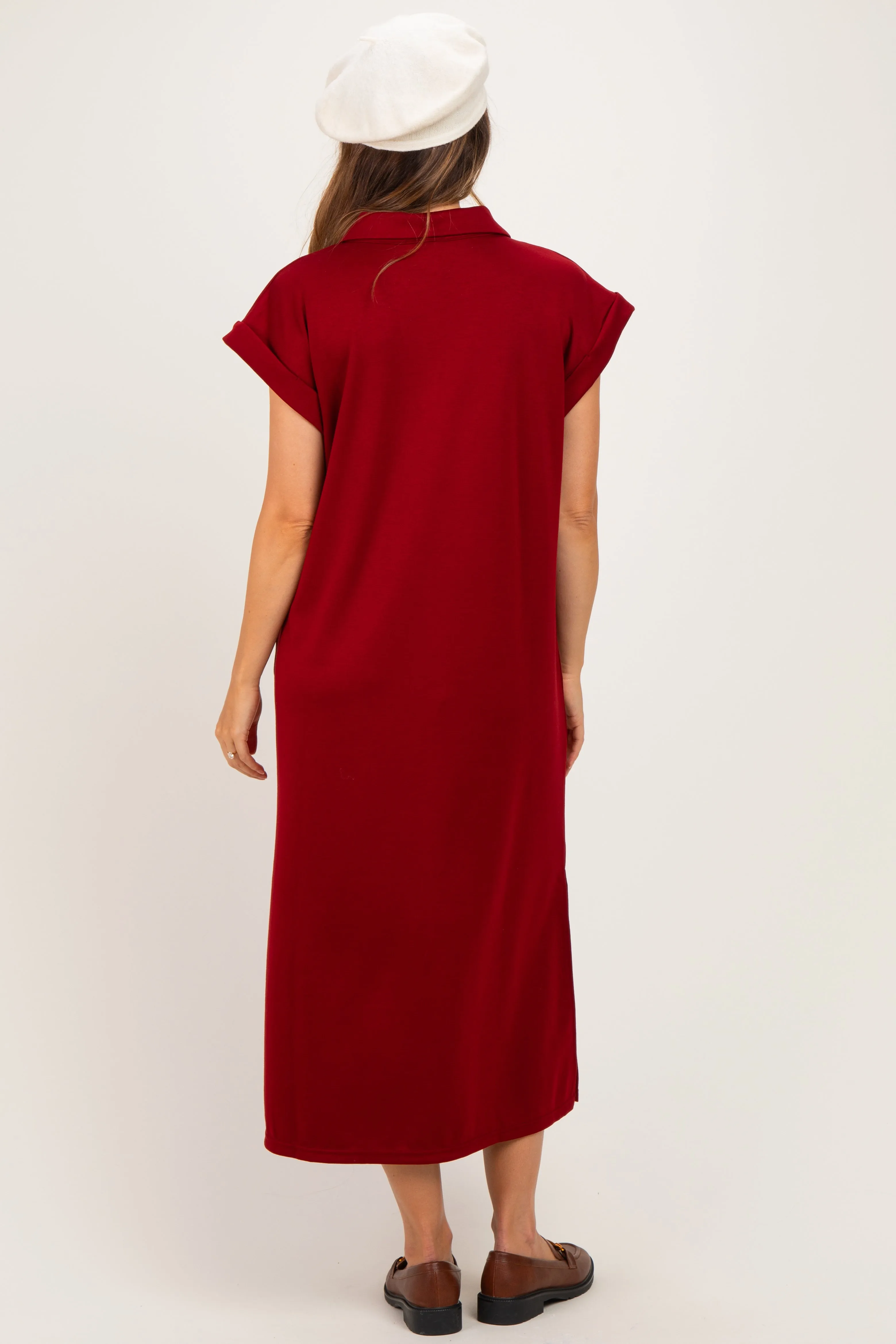 Burgundy Collared Oversized Maternity Midi Dress sold by Pinkblush product image thumbnail 3