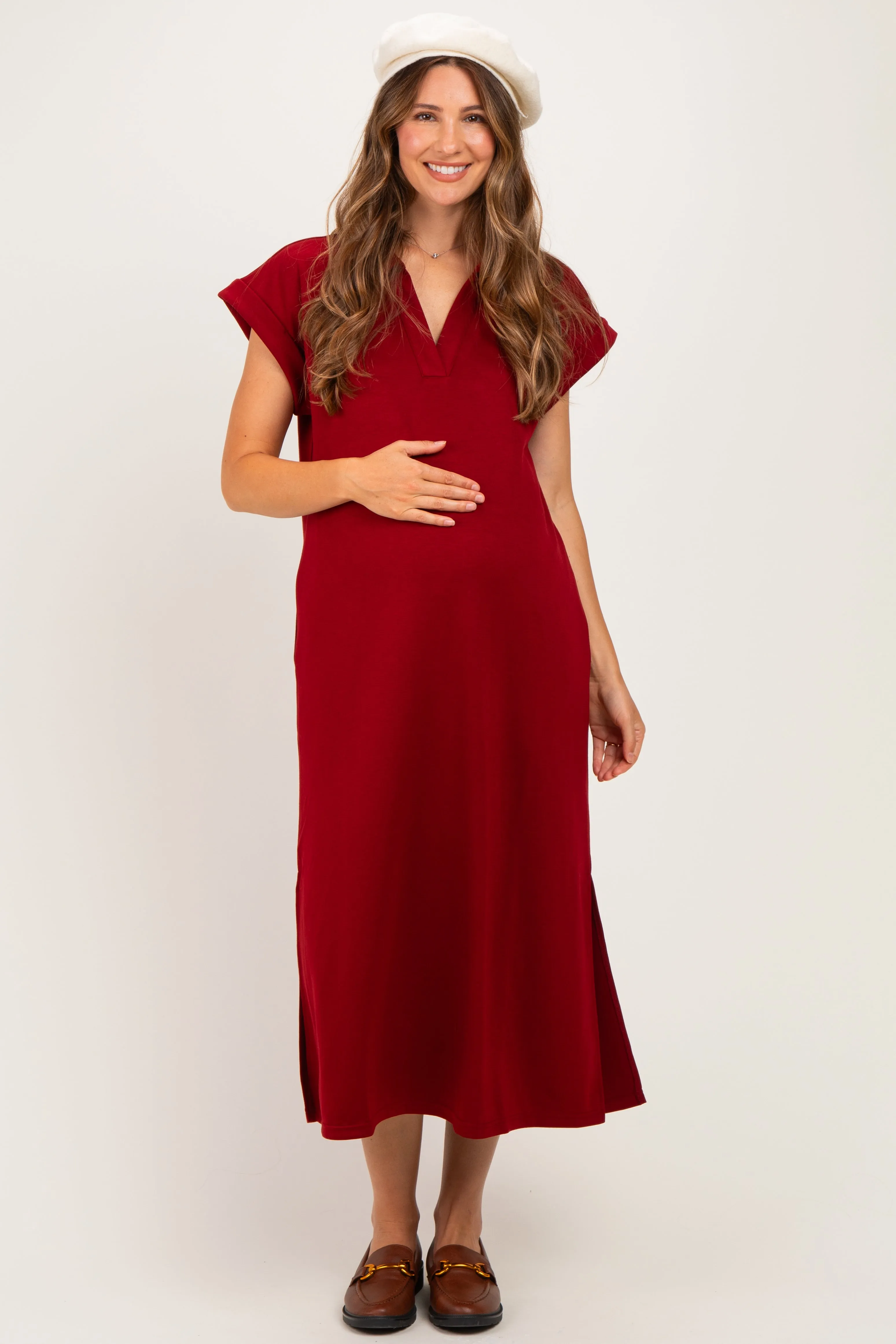 Burgundy Collared Oversized Maternity Midi Dress sold by Pinkblush