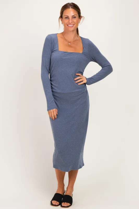 Blue Fitted Long Sleeve Square Neck Midi Dress made by Pinkblush