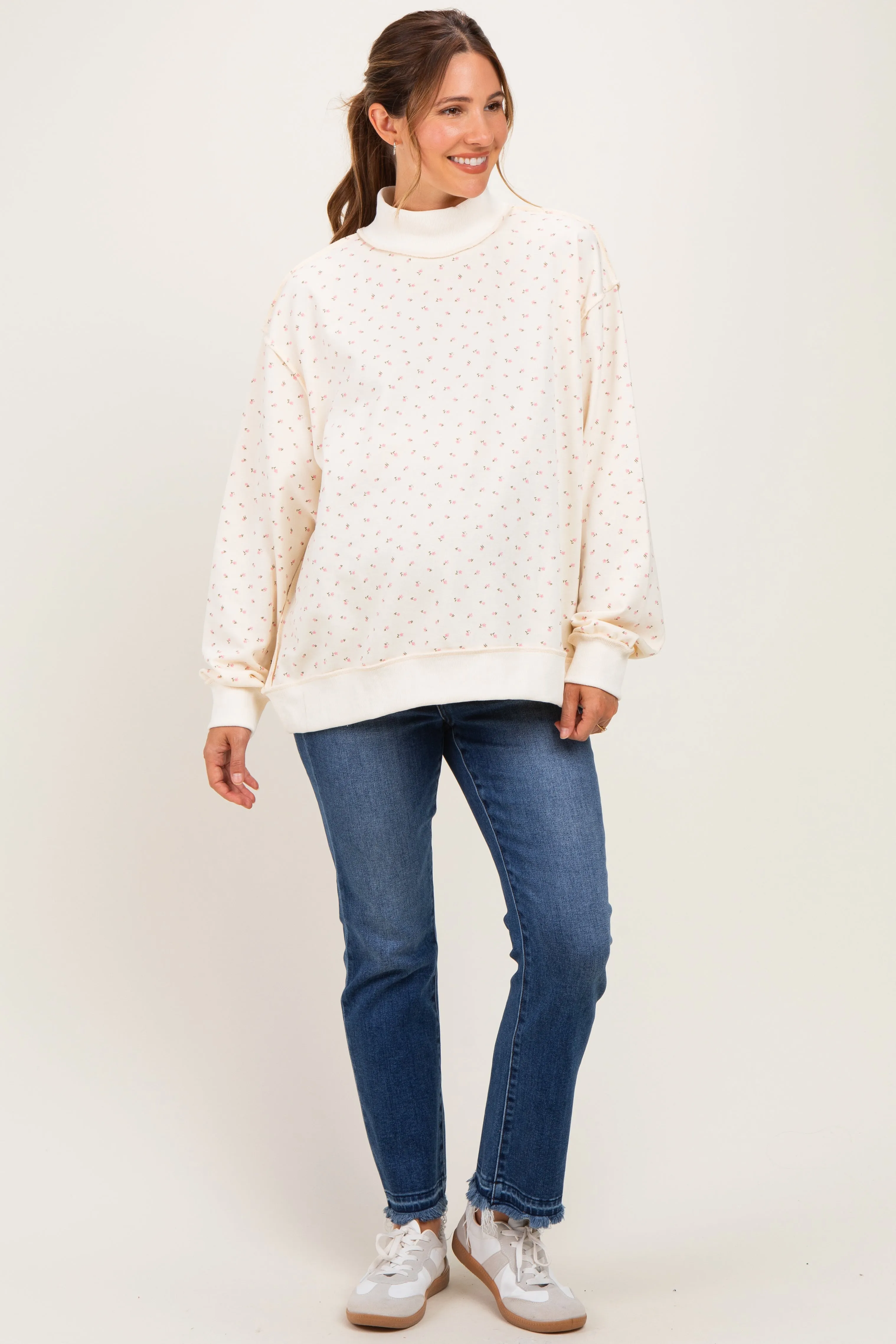 Cream Floral Mock Neck Drop Shoulder Maternity Pullover sold by Pinkblush product image thumbnail 2