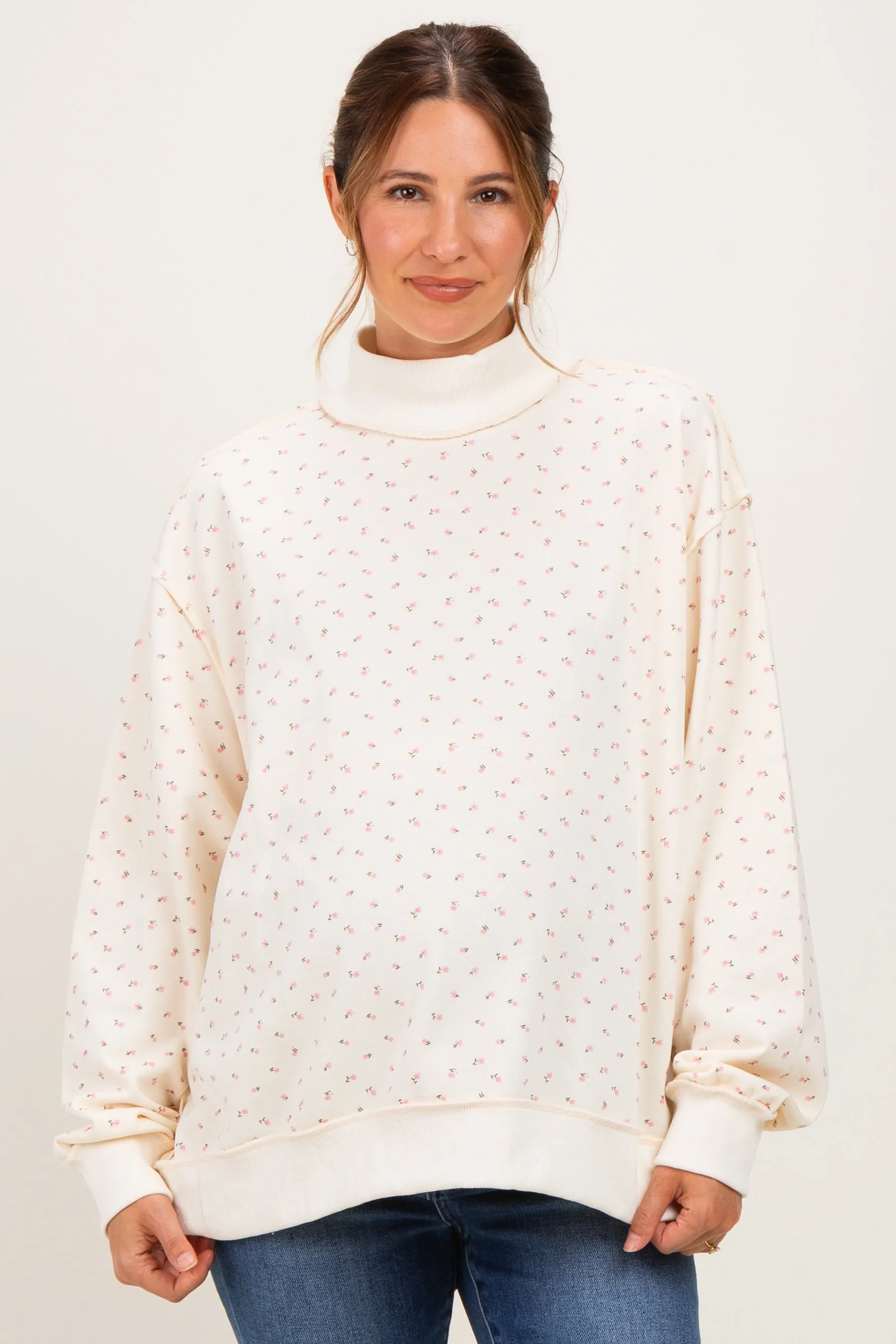 Cream Floral Mock Neck Drop Shoulder Maternity Pullover sold by Pinkblush