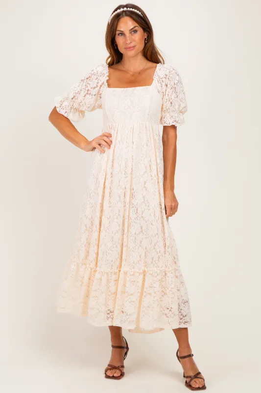 Beige Lace Square Neck Maxi Dress made by Pinkblush