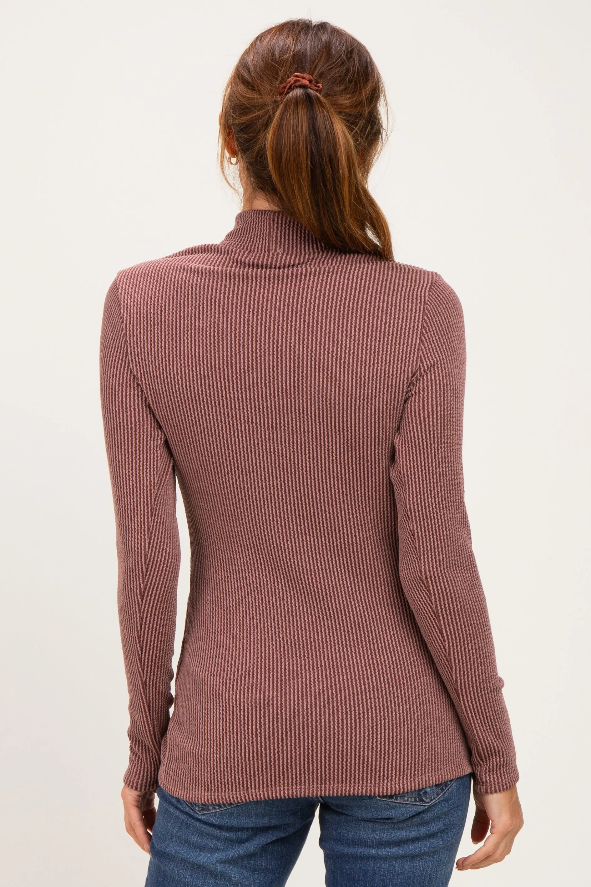 Brown Ribbed Fitted Mock Neck Long Sleeve Top sold by Pinkblush product image thumbnail 4