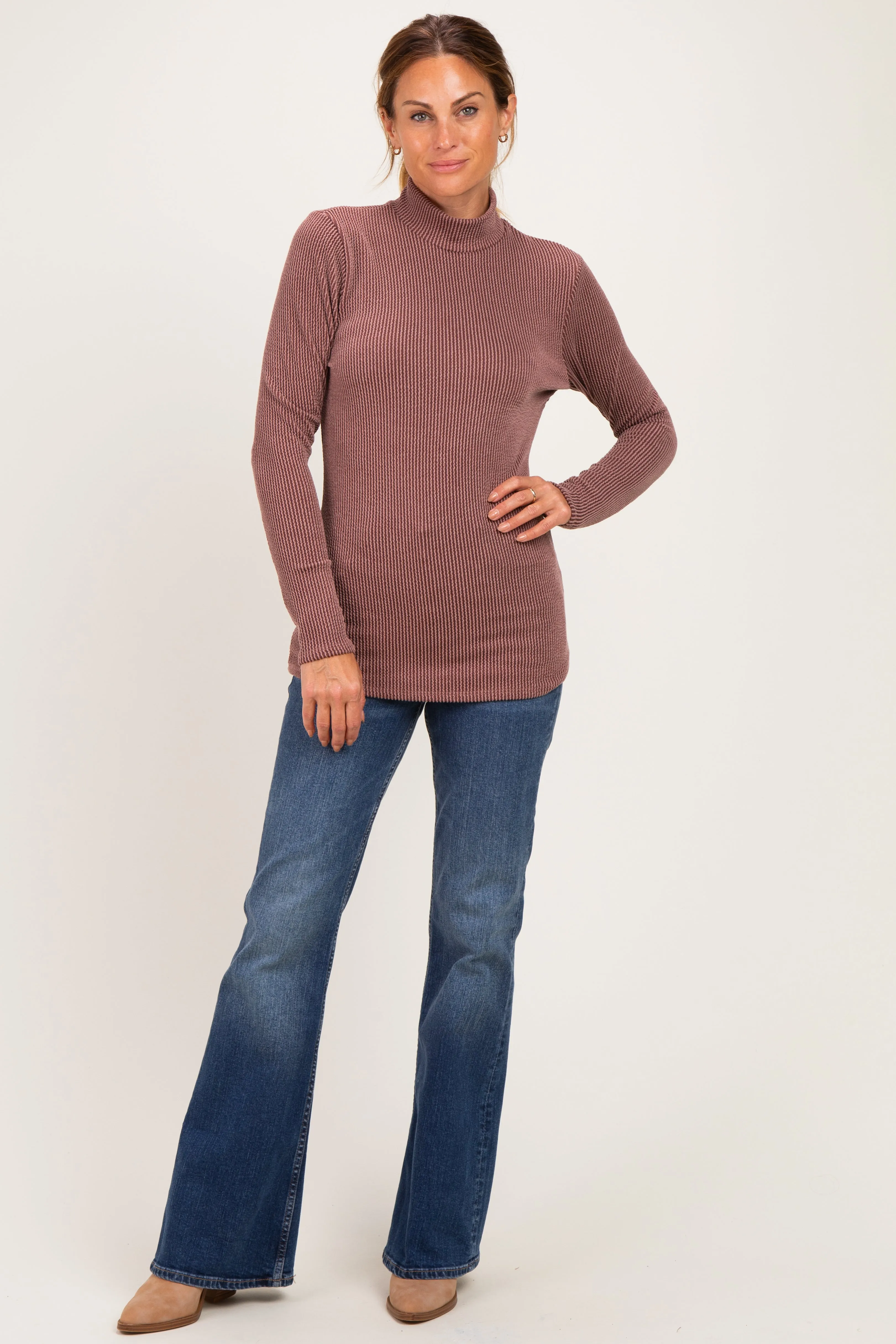 Brown Ribbed Fitted Mock Neck Long Sleeve Top sold by Pinkblush product image thumbnail 2