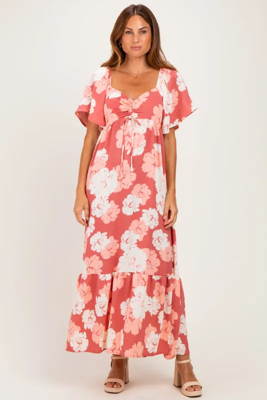 Pink/ Ivory Floral Ruched Bust Flutter Sleeve Maxi Dress made by Pinkblush