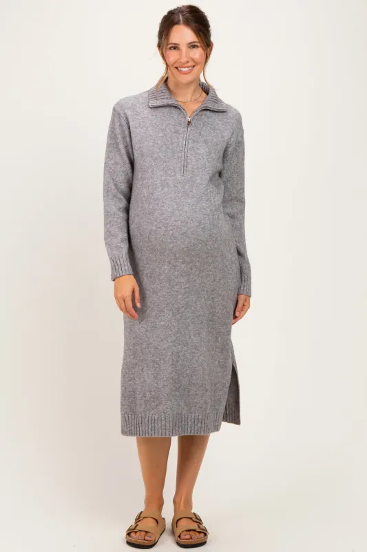 Grey Half-Zip Collar Side Slit Maternity Midi Sweater Dress made by MABLE