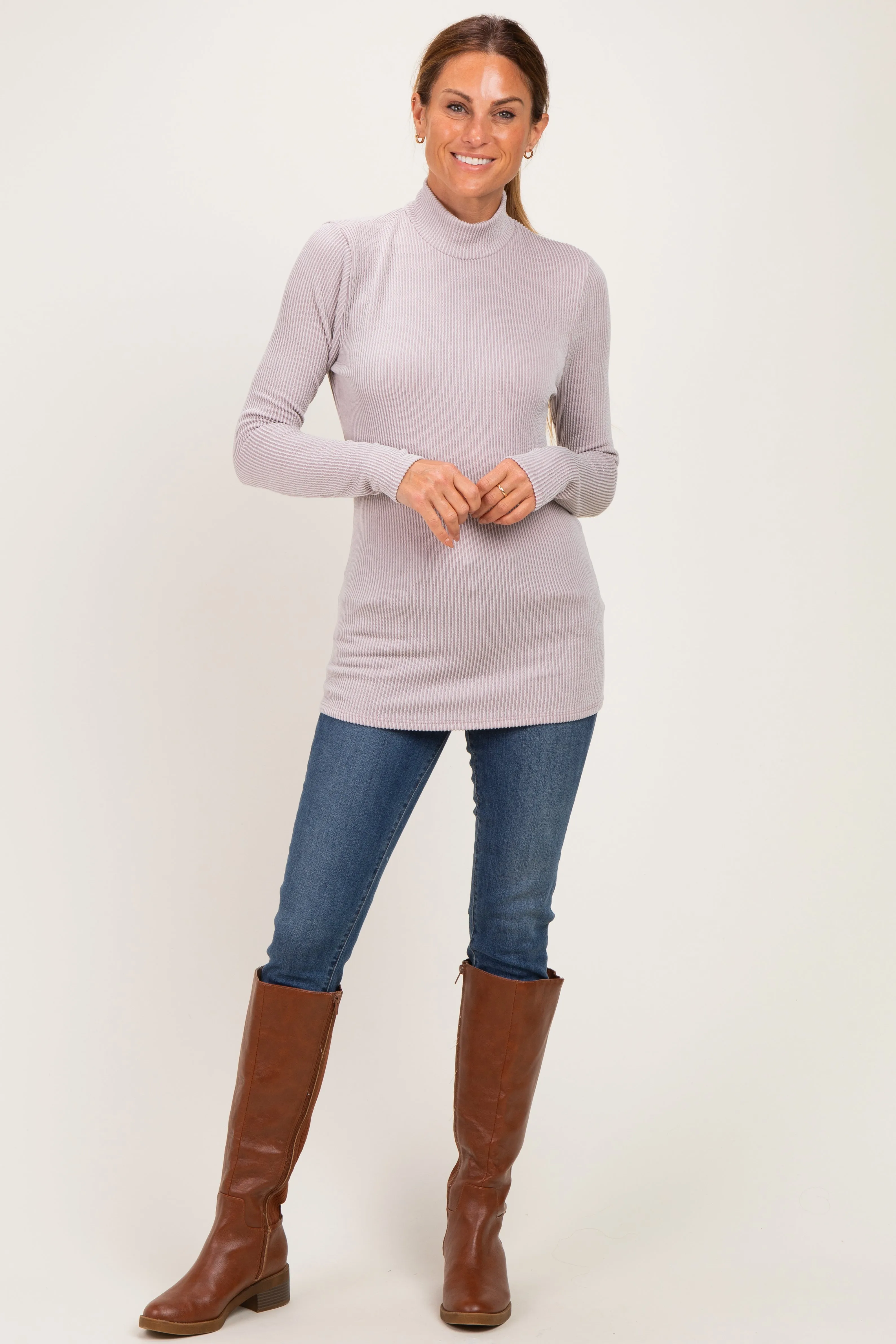 Beige Ribbed Fitted Mock Neck Long Sleeve Top sold by Pinkblush product image thumbnail 2