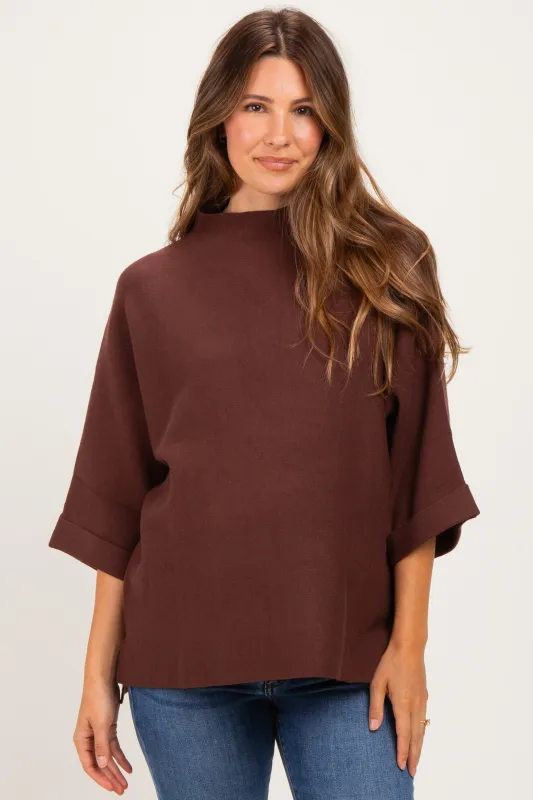 Brown Mock Neck Dolman Short Sleeve Maternity Top made by Umgee