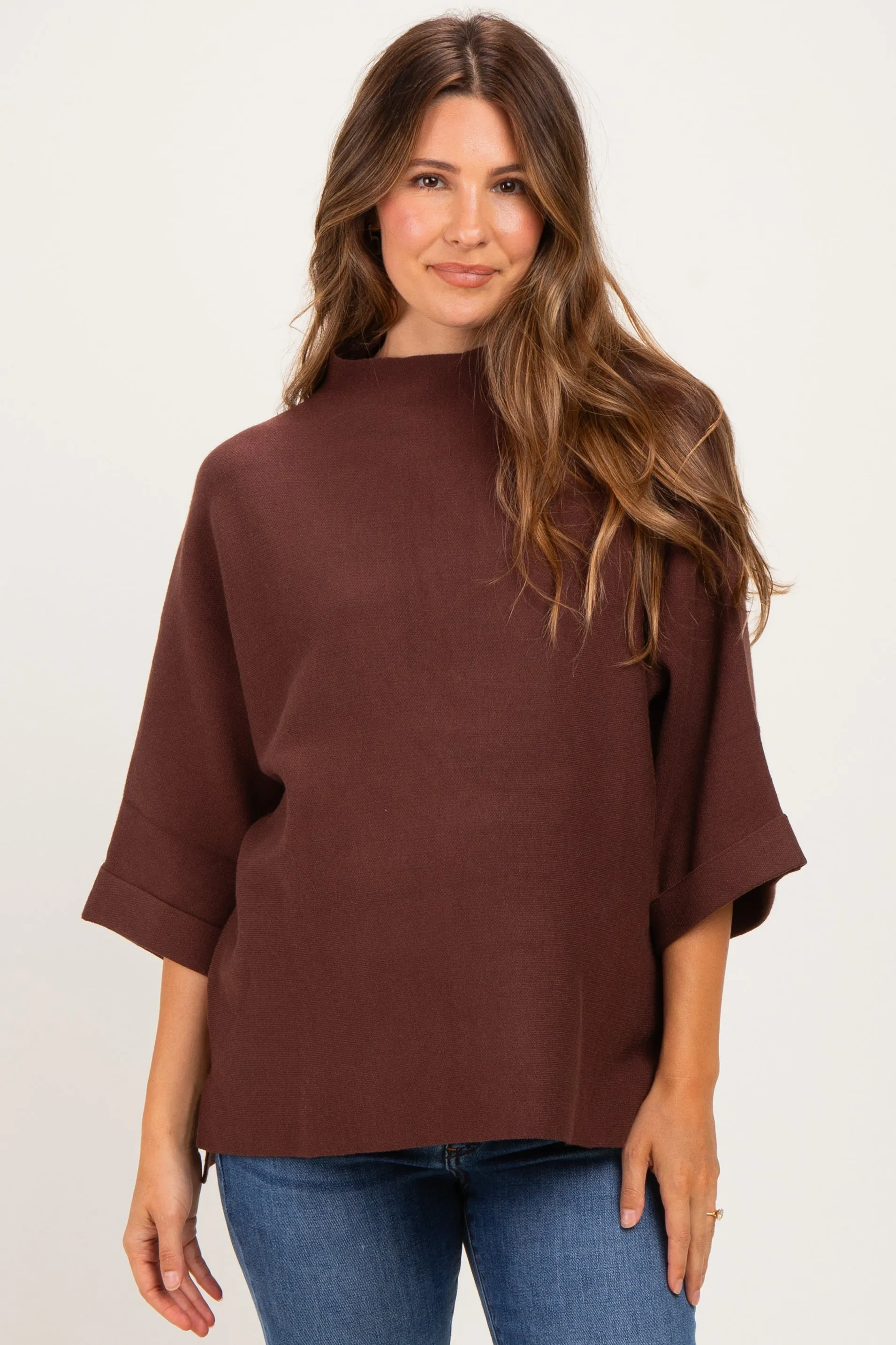 Brown Mock Neck Dolman Short Sleeve Maternity Top sold by Pinkblush