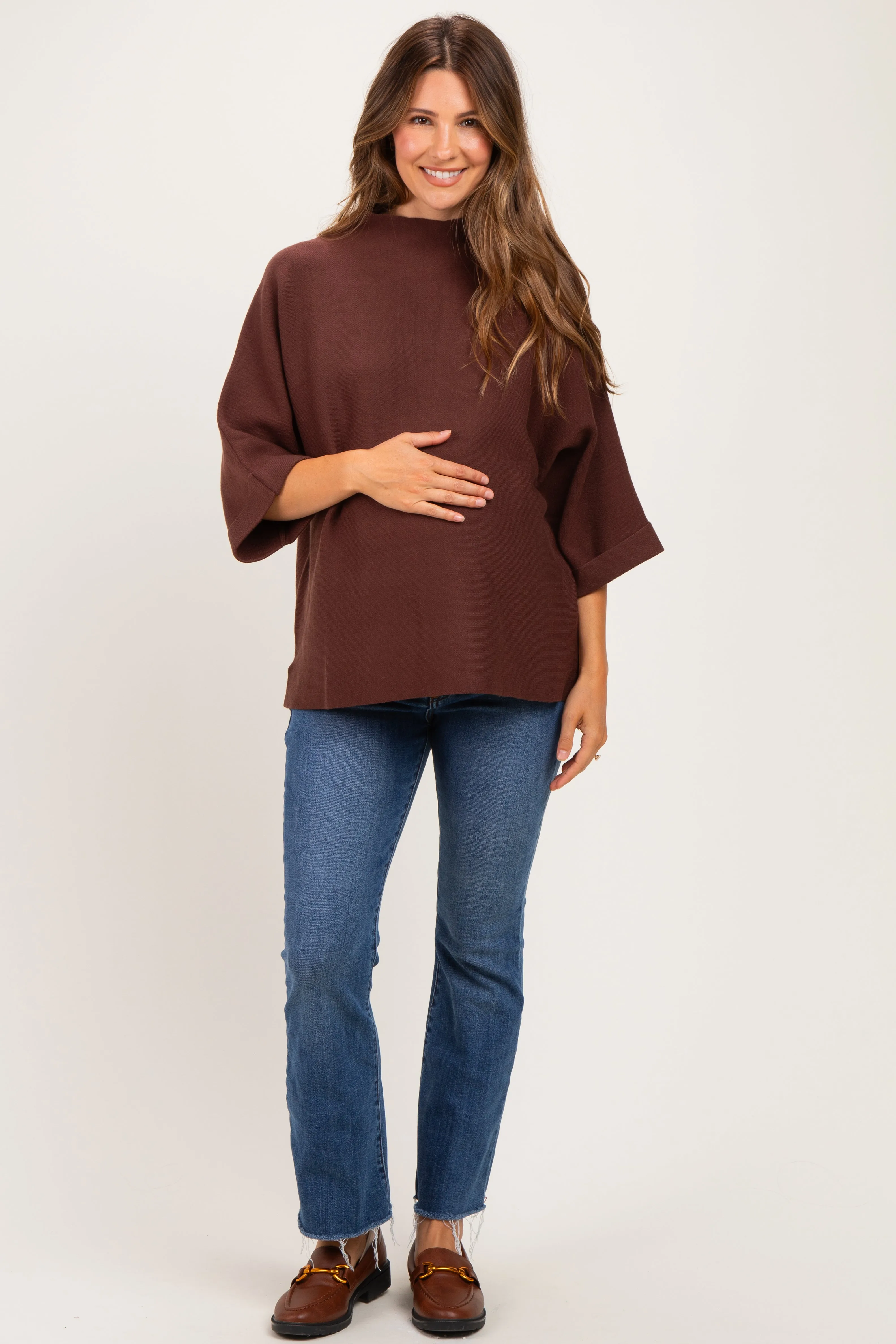 Brown Mock Neck Dolman Short Sleeve Maternity Top sold by Pinkblush product image thumbnail 2