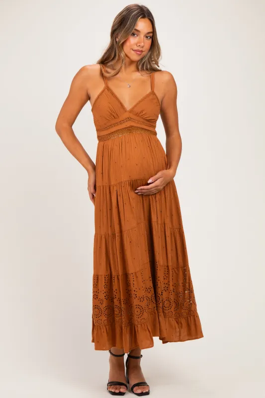 Desert Lace Accent V-Neck Tiered Maternity Maxi Dress made by Angie