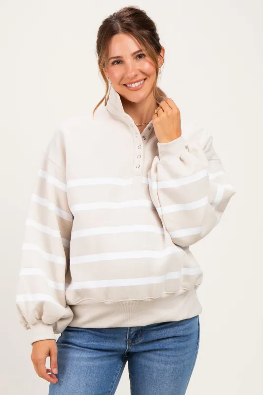 Beige Striped Snap Button Maternity Pullover made by Papermoon