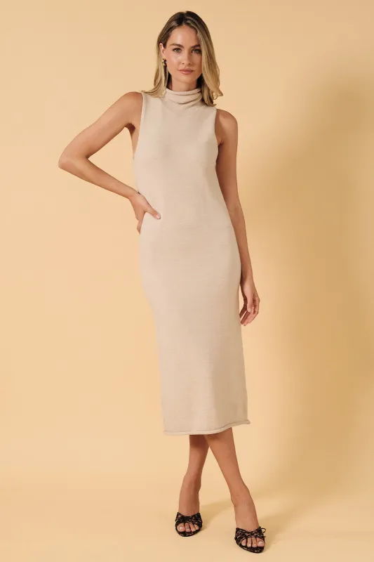 Oatmeal Turtleneck Sleeveless Midi Sweater Dress made by Gilli
