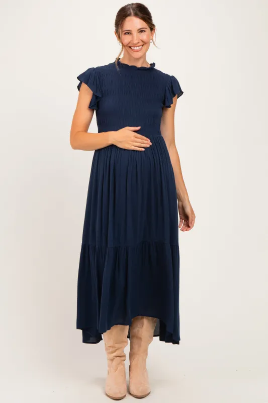 Midnight Mock Neck Flutter Sleeve Smocked Maternity Maxi Dress made by Pinkblush